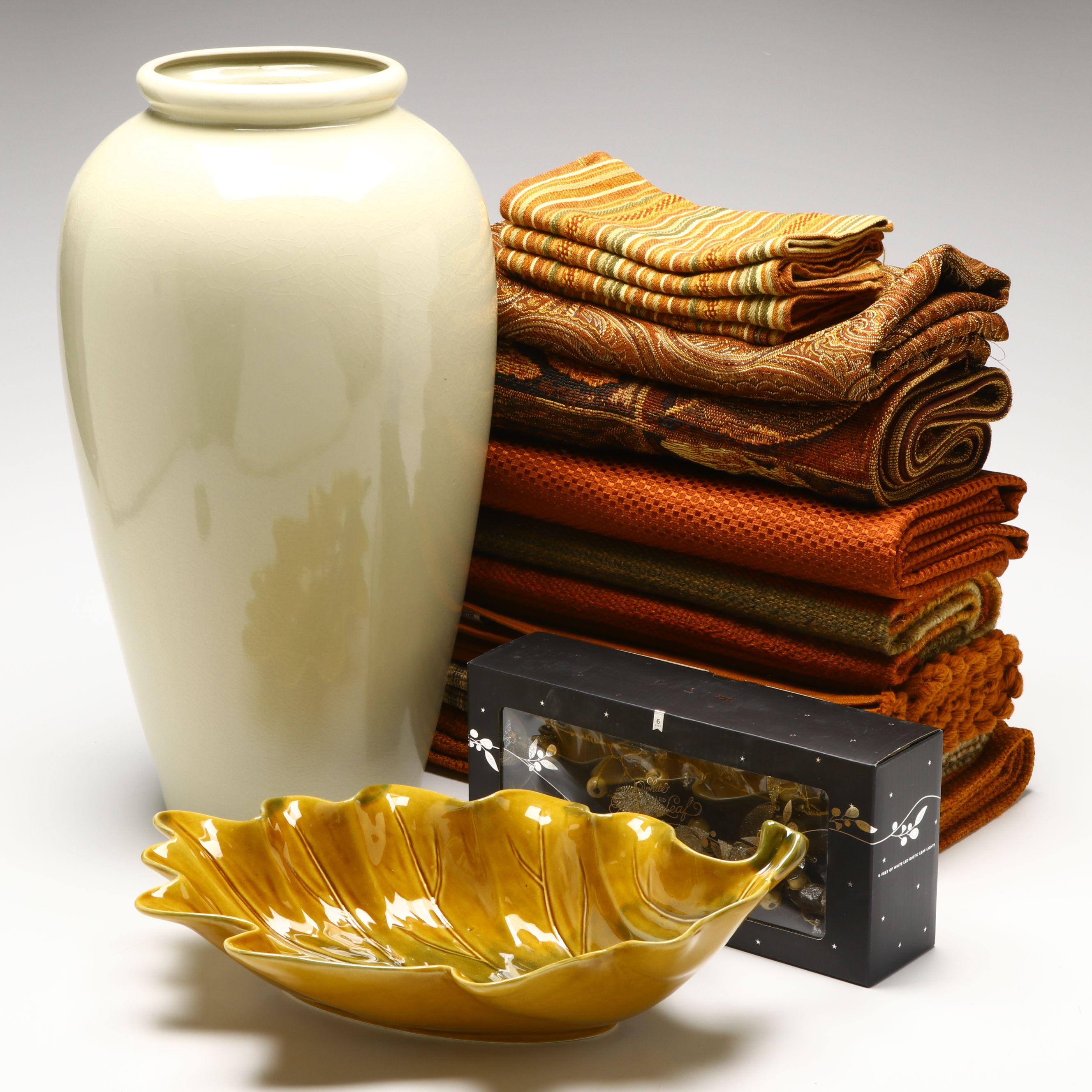 Crate & Barrel Autumnal Table Linens, Ceramic Leaf Dish and More Décor