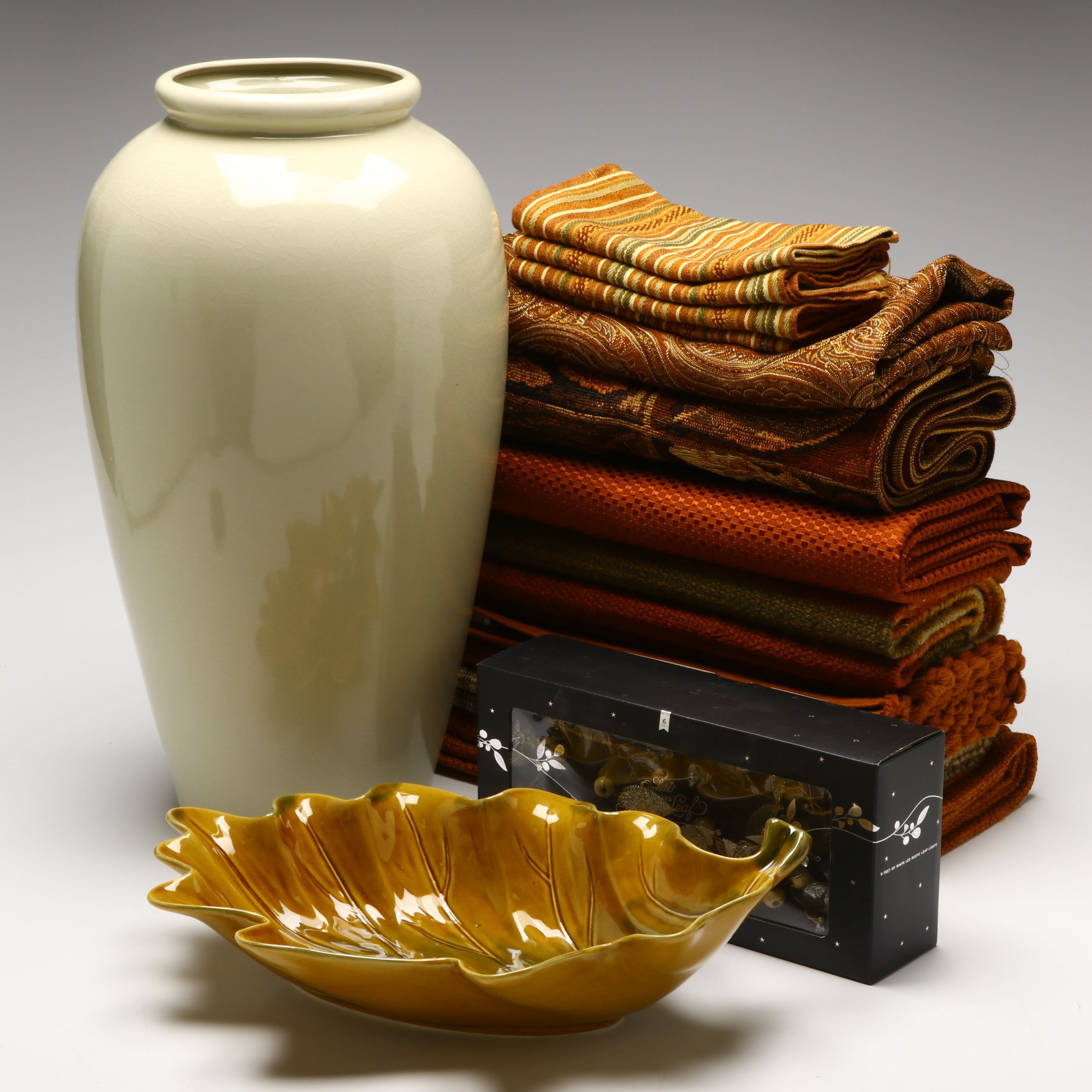 Crate & Barrel Autumnal Table Linens, Ceramic Leaf Dish and More Décor