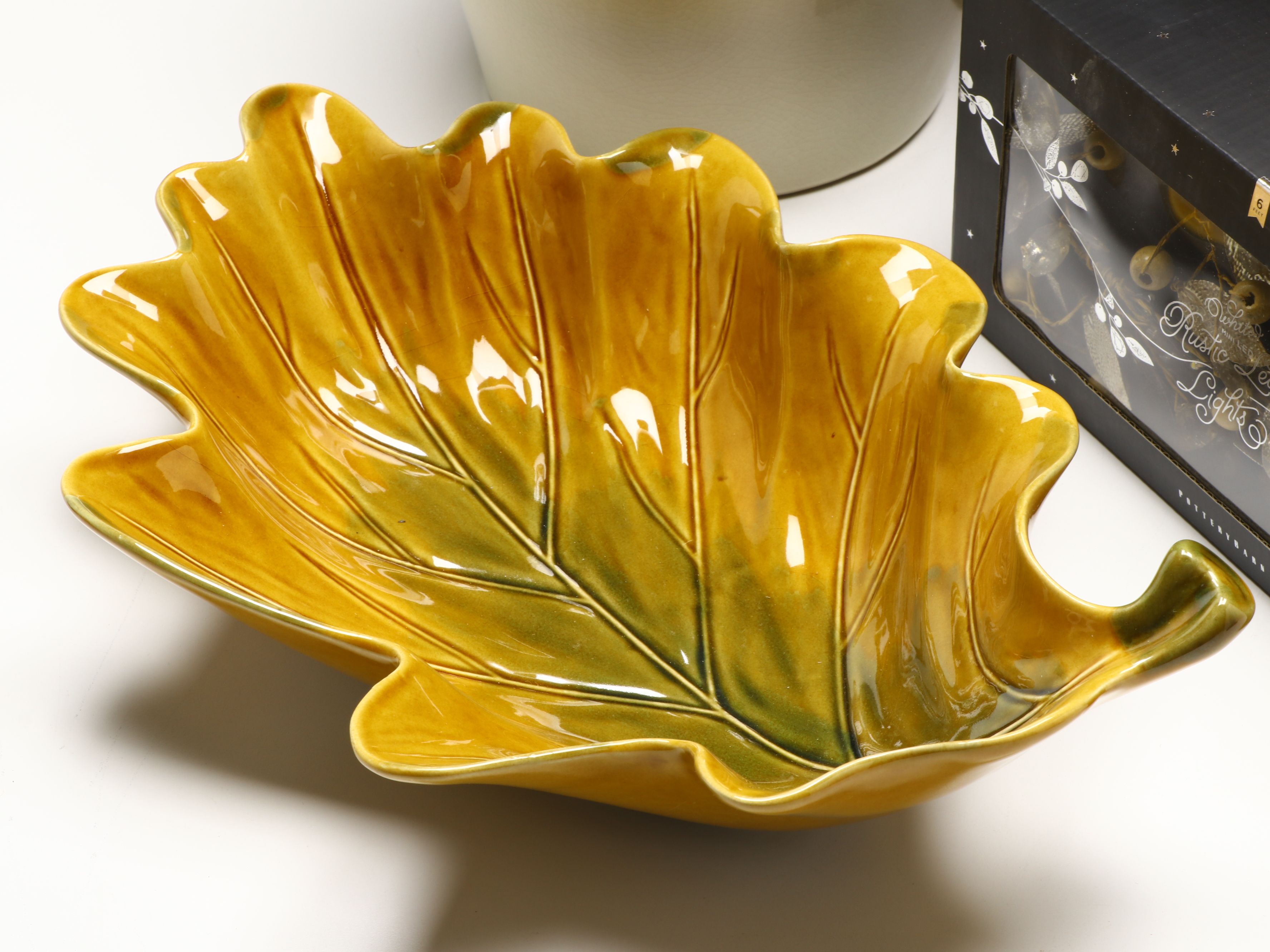 Crate & Barrel Autumnal Table Linens, Ceramic Leaf Dish and More Décor