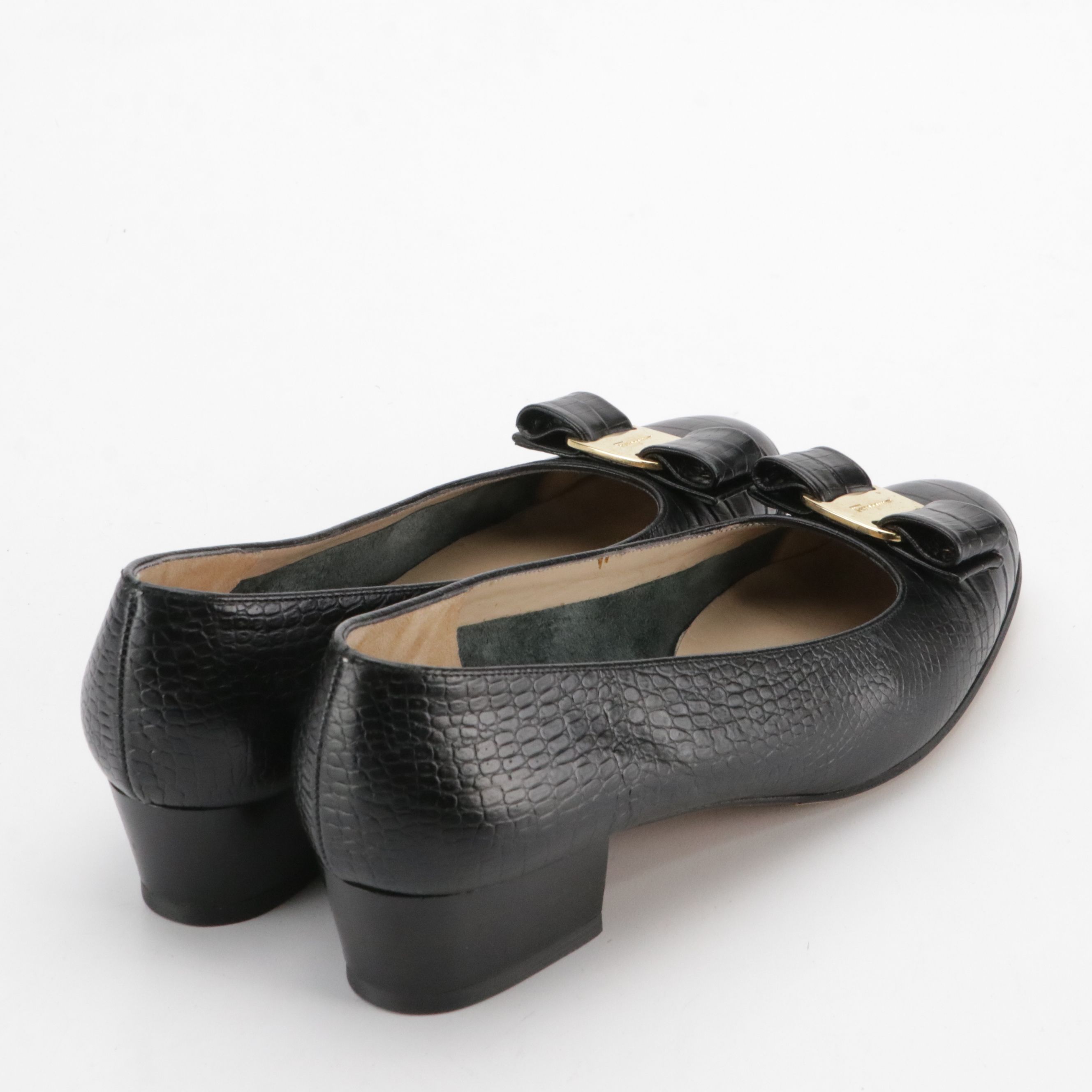 Salvatore Ferragamo Vara Bow Low Heeled Shoes in Black Croc Embossed Leather