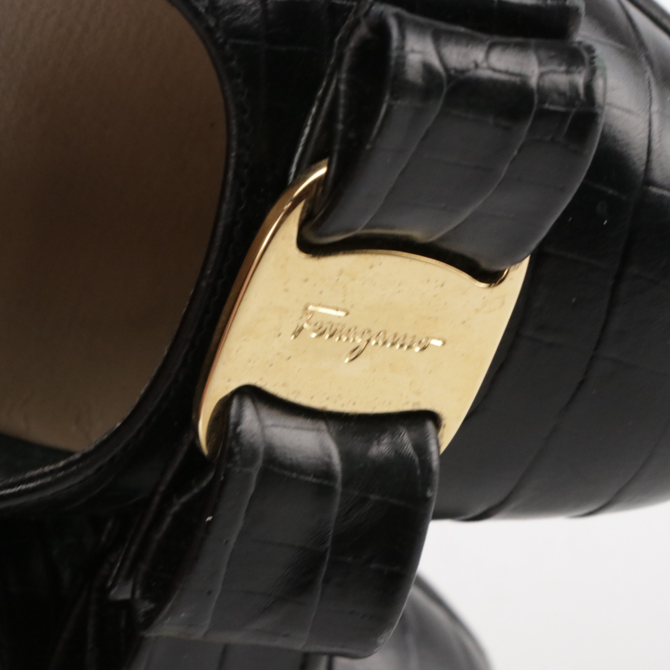 Salvatore Ferragamo Vara Bow Low Heeled Shoes in Black Croc Embossed Leather