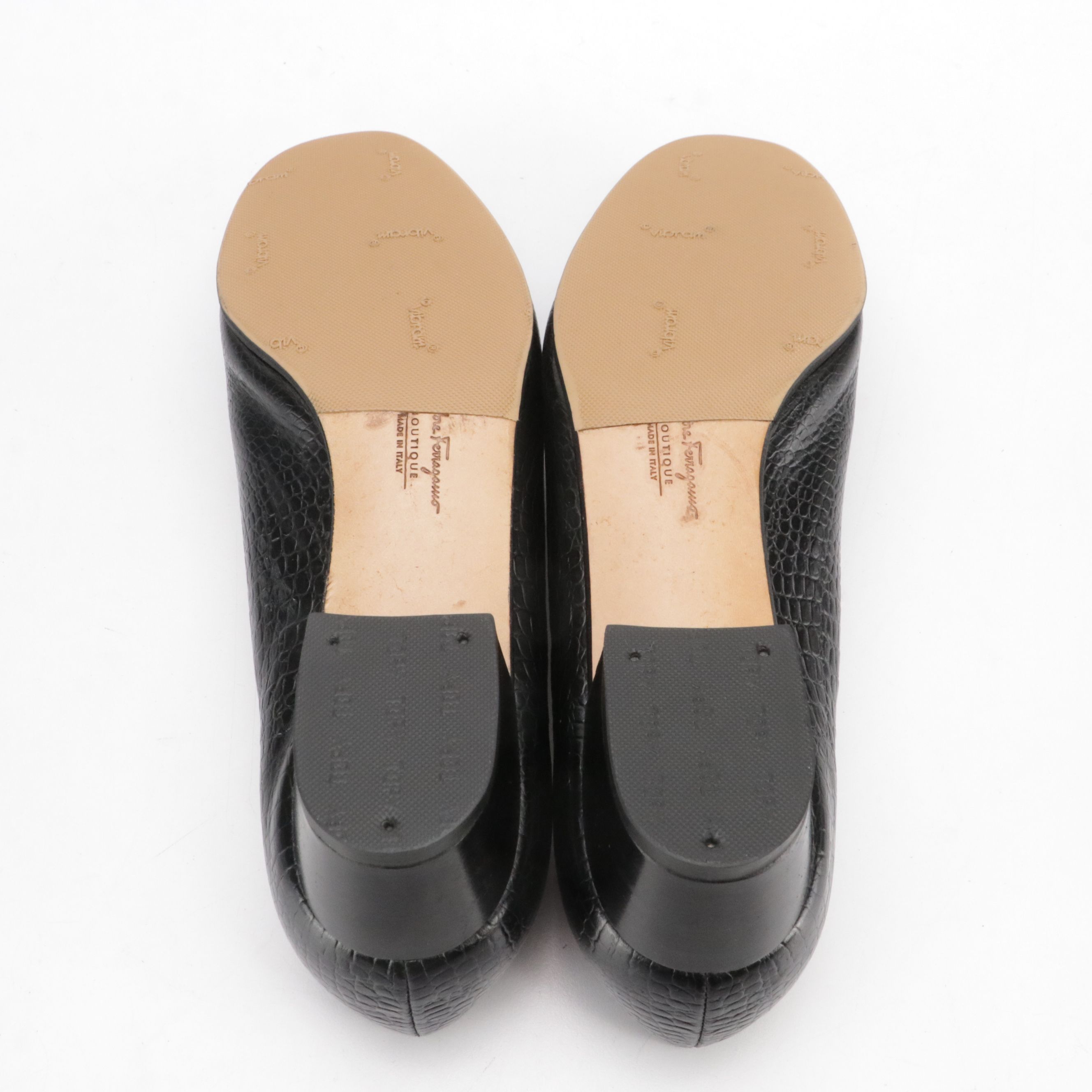 Salvatore Ferragamo Vara Bow Low Heeled Shoes in Black Croc Embossed Leather