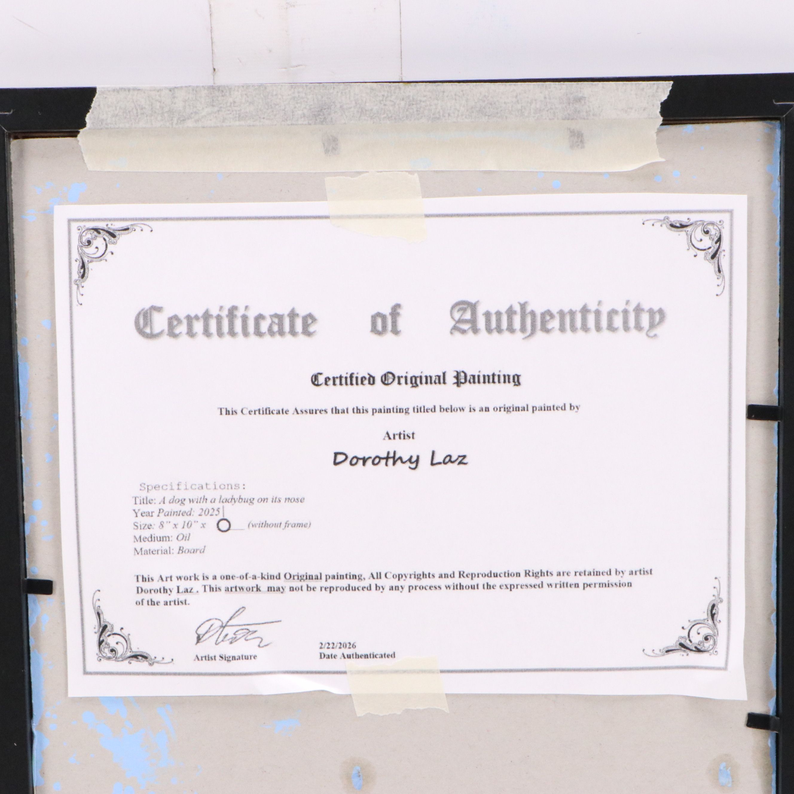 Dorothy Laz Oil Painting "A dog with a ladybug on its nose," 2025