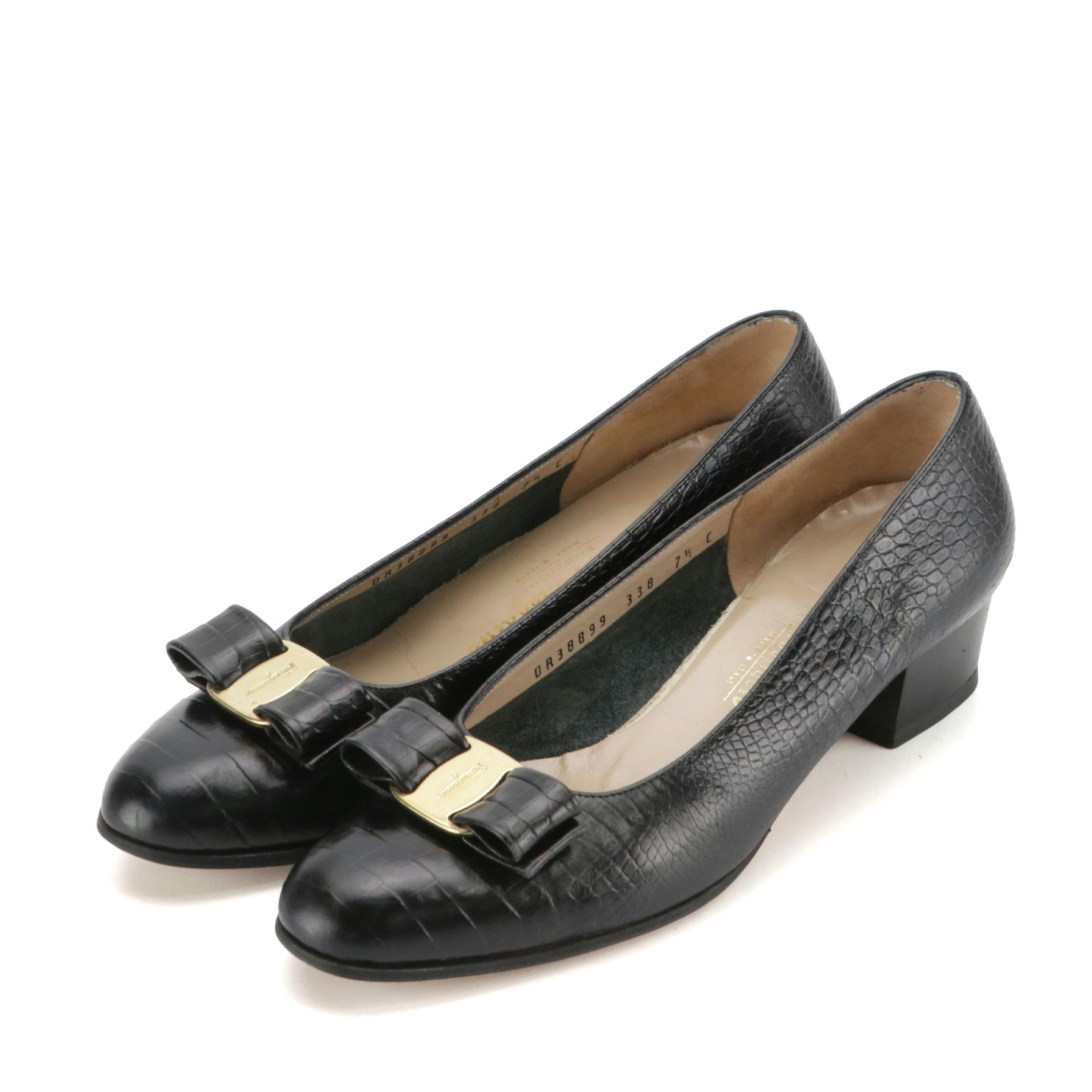 Salvatore Ferragamo Vara Bow Low Heeled Shoes in Black Croc Embossed Leather