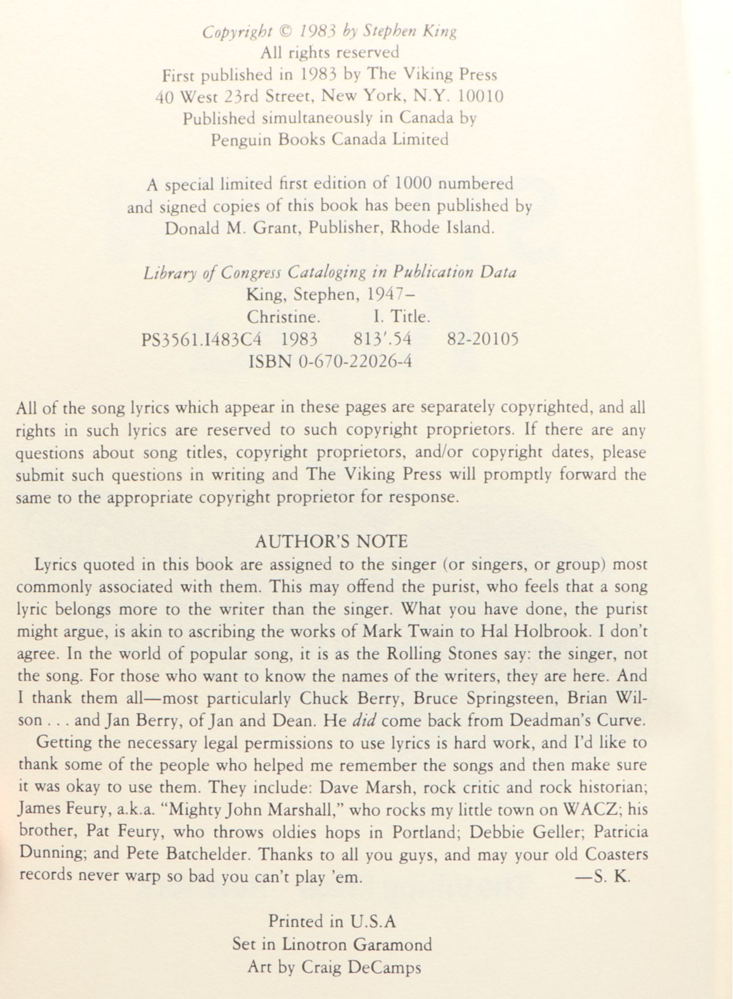 First Edition "Christine" by Stephen King 1983