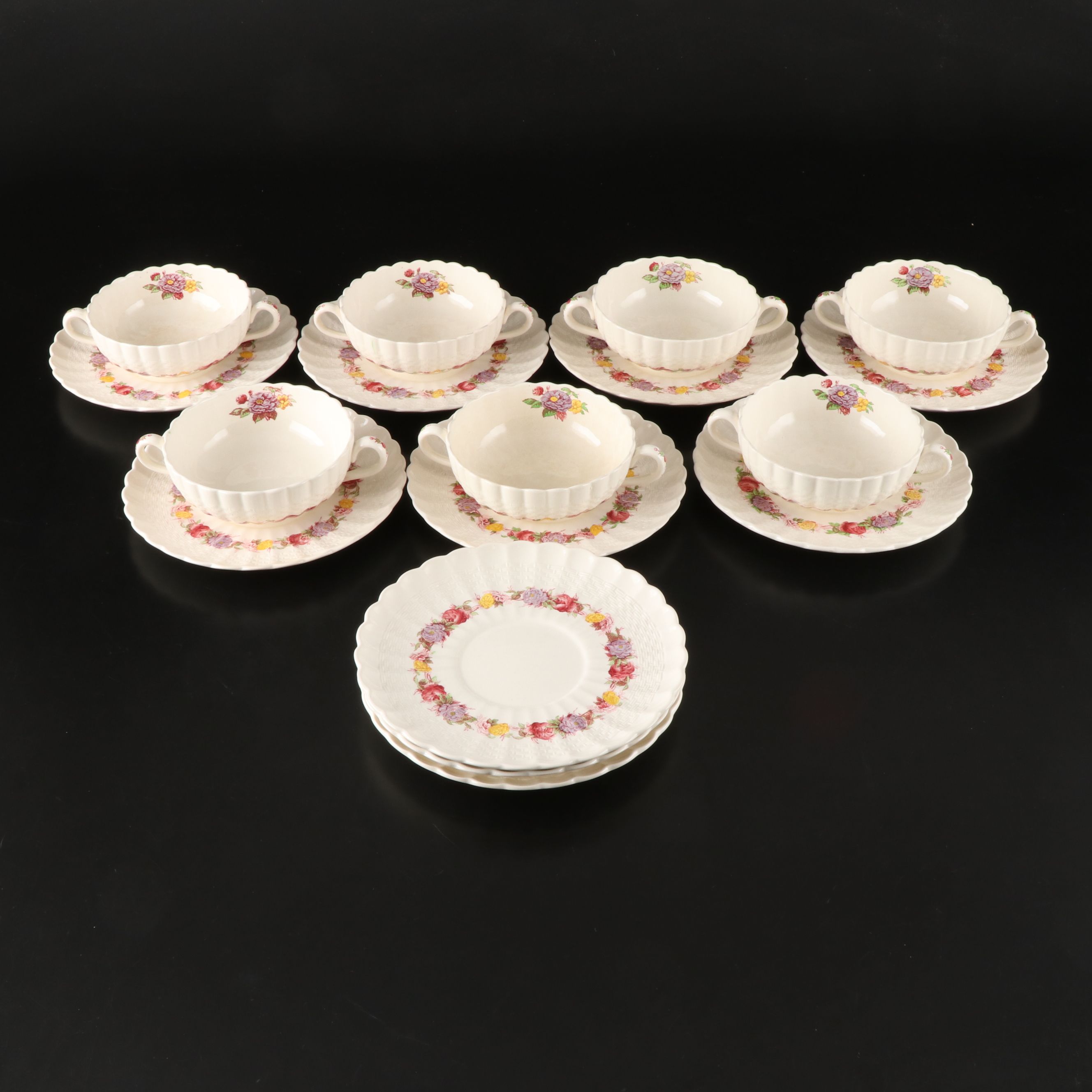 Copeland Spode "Rose Briar" Earthenware Flat Cream Soup Bowls and Saucers