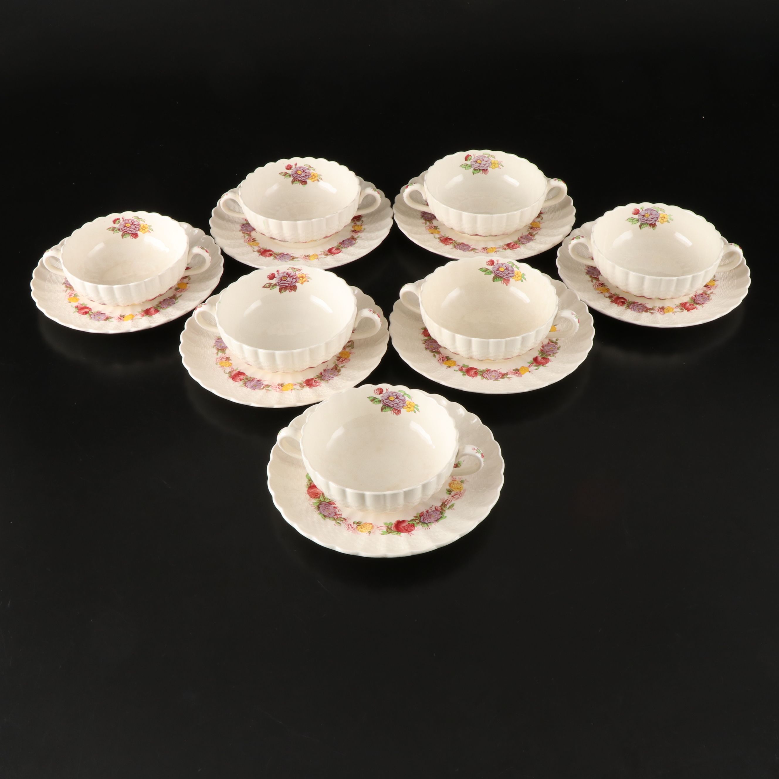 Copeland Spode "Rose Briar" Earthenware Flat Cream Soup Bowls and Saucers