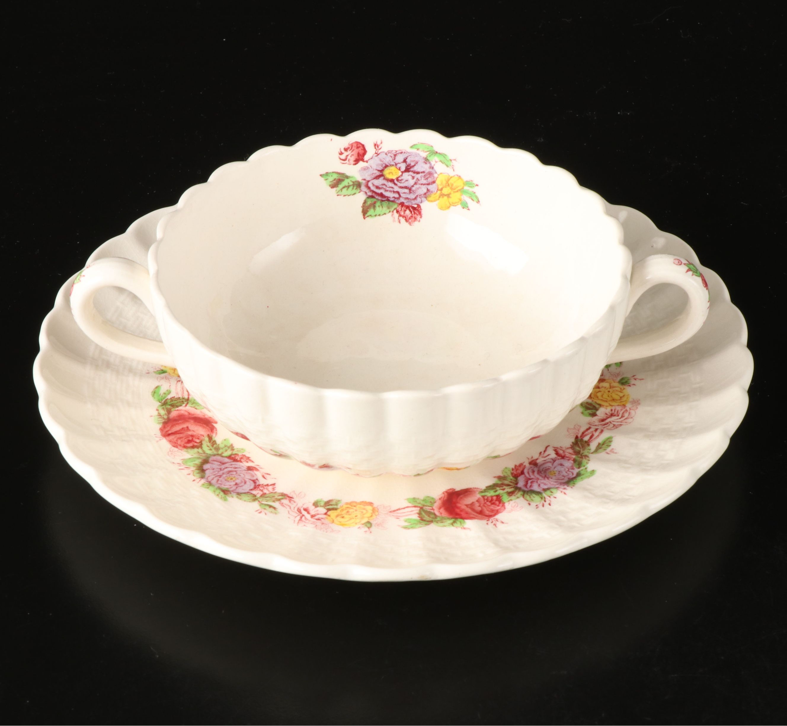 Copeland Spode "Rose Briar" Earthenware Flat Cream Soup Bowls and Saucers