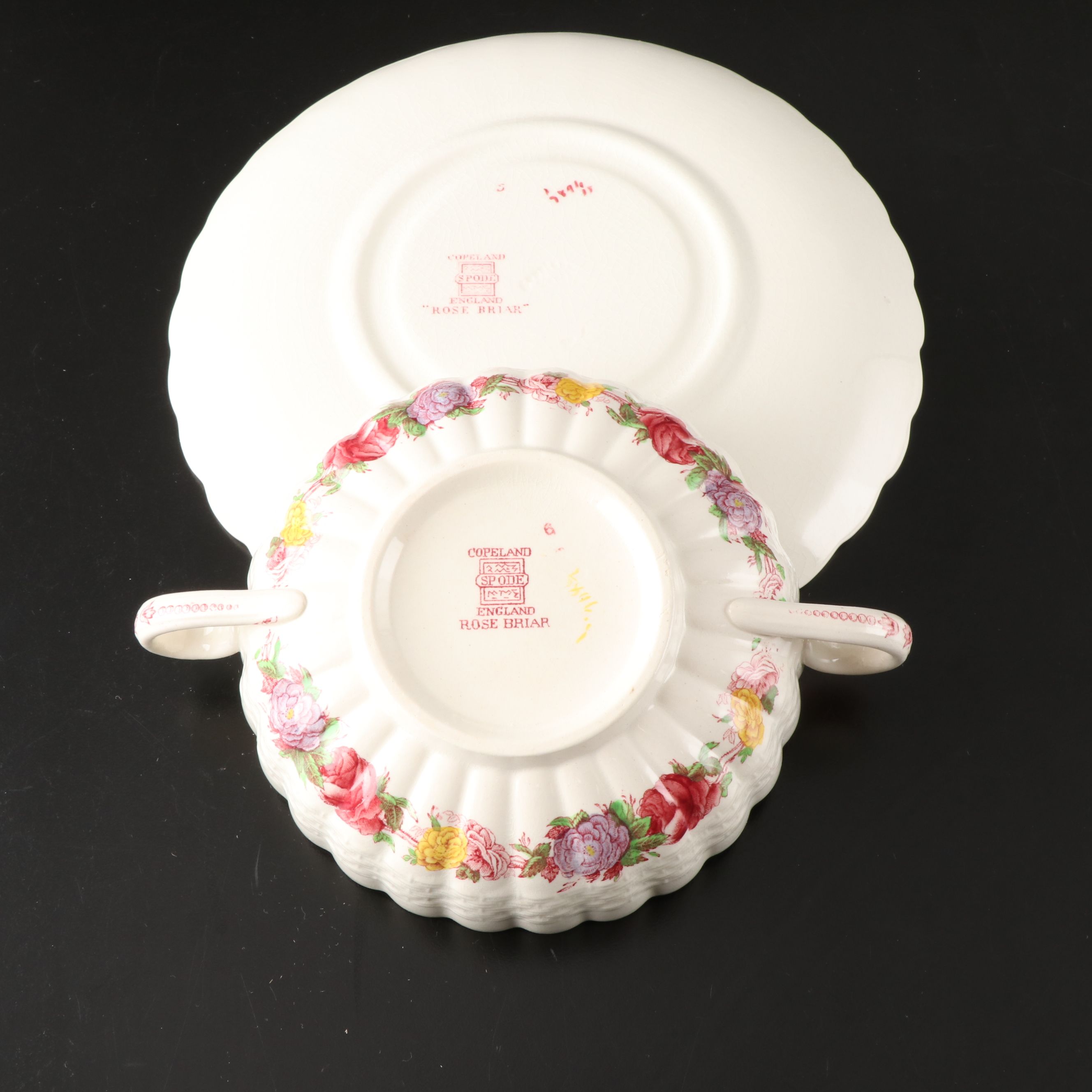 Copeland Spode "Rose Briar" Earthenware Flat Cream Soup Bowls and Saucers