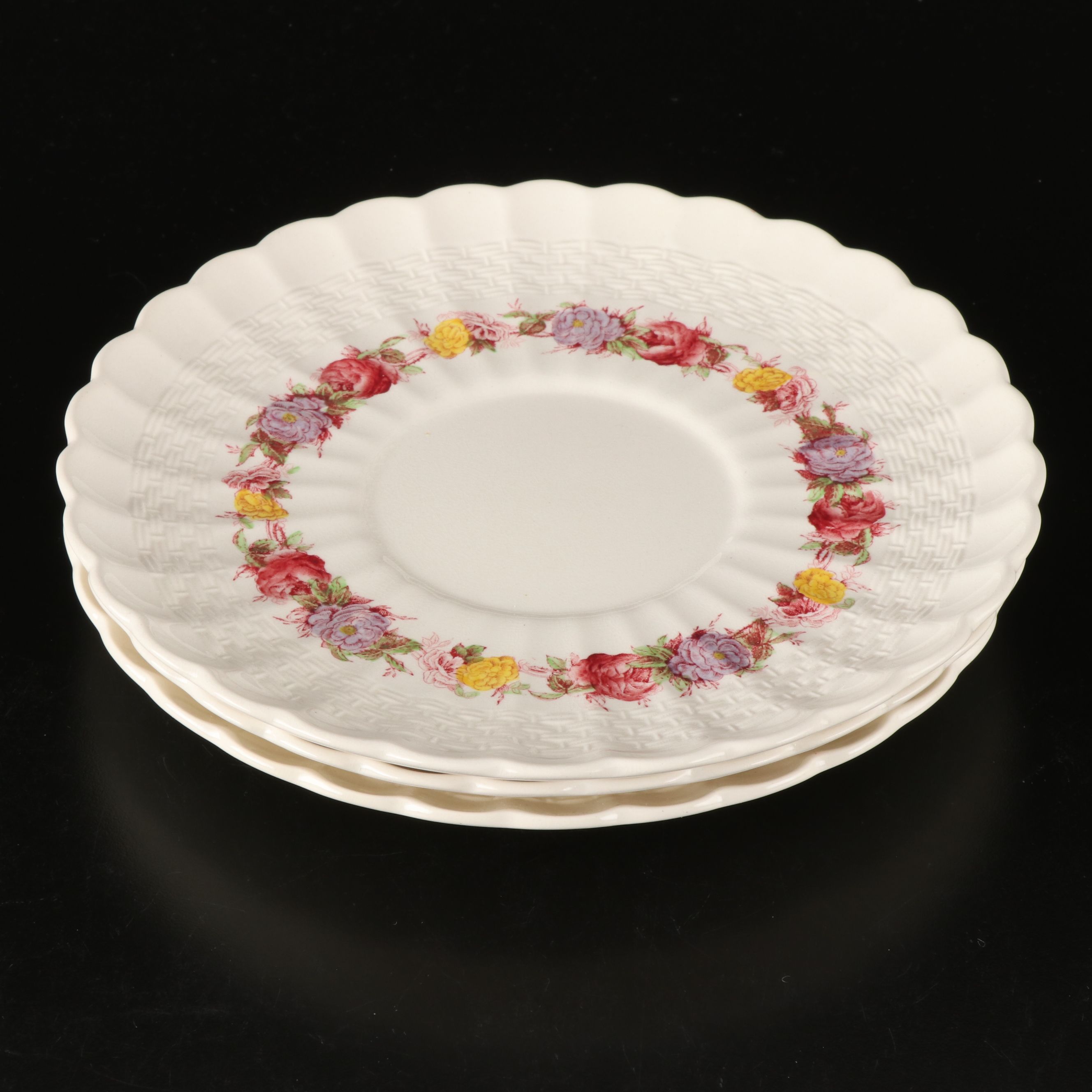 Copeland Spode "Rose Briar" Earthenware Flat Cream Soup Bowls and Saucers