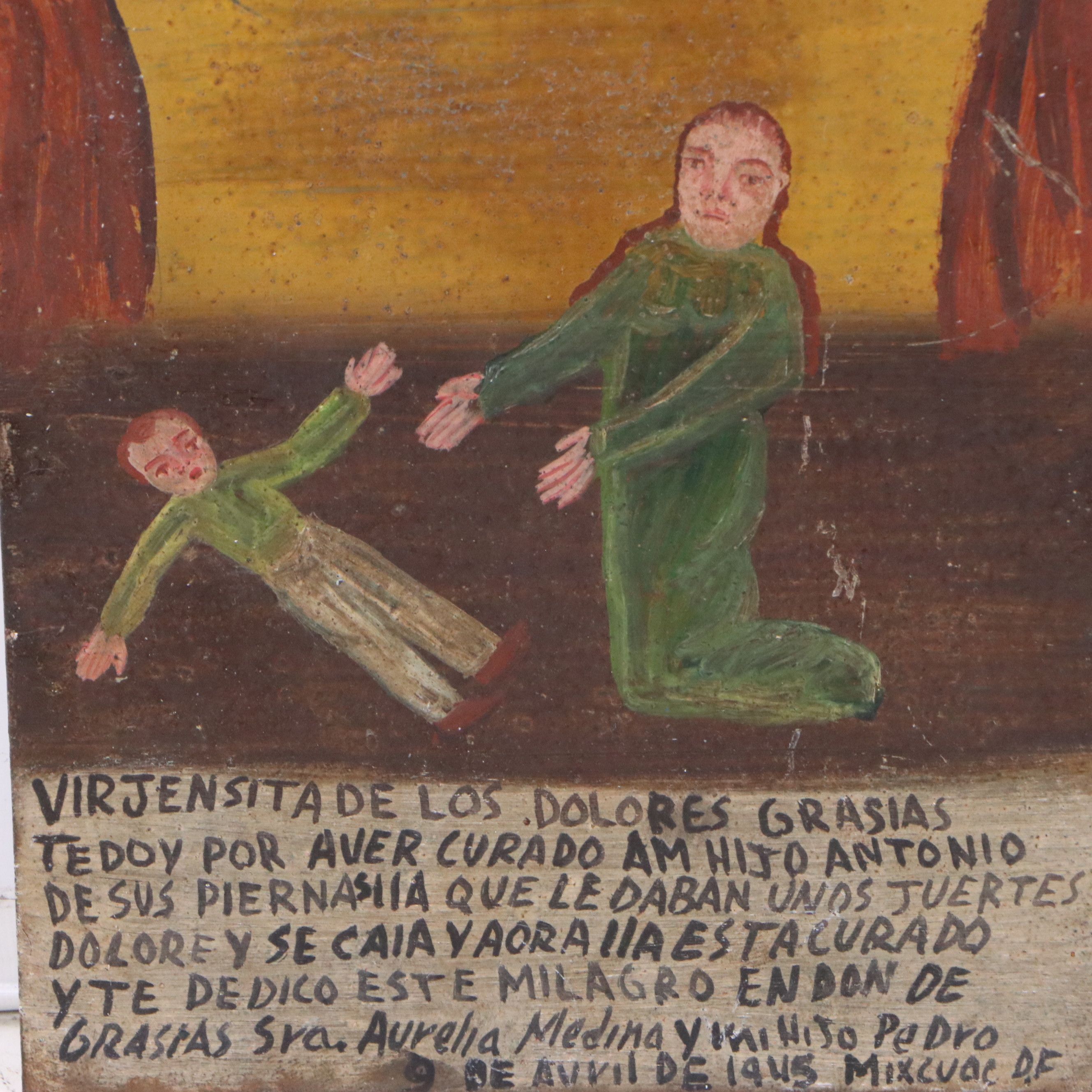 Mexican Metal Ex-Voto Retablo Painting With Verse, 1945