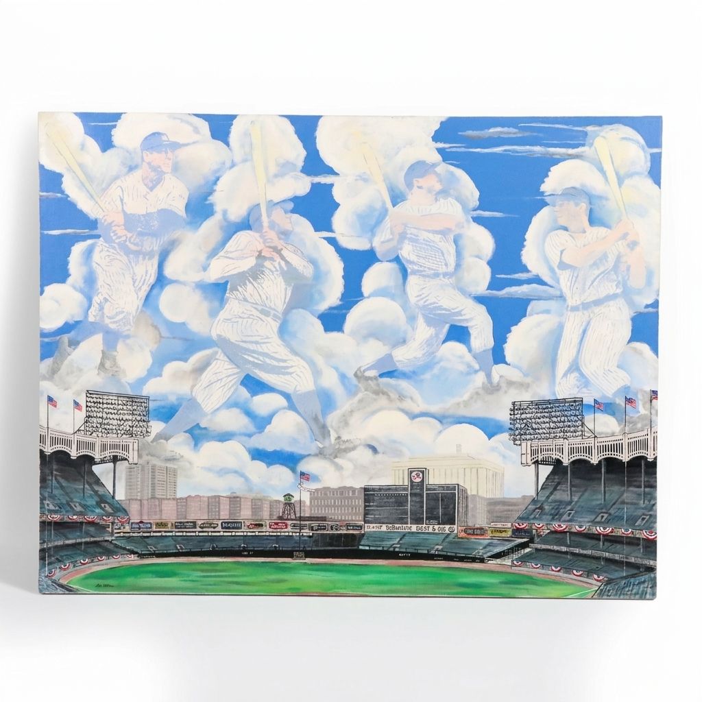 John Wilson Acrylic Painting of Baseball Players Over Yankee Stadium