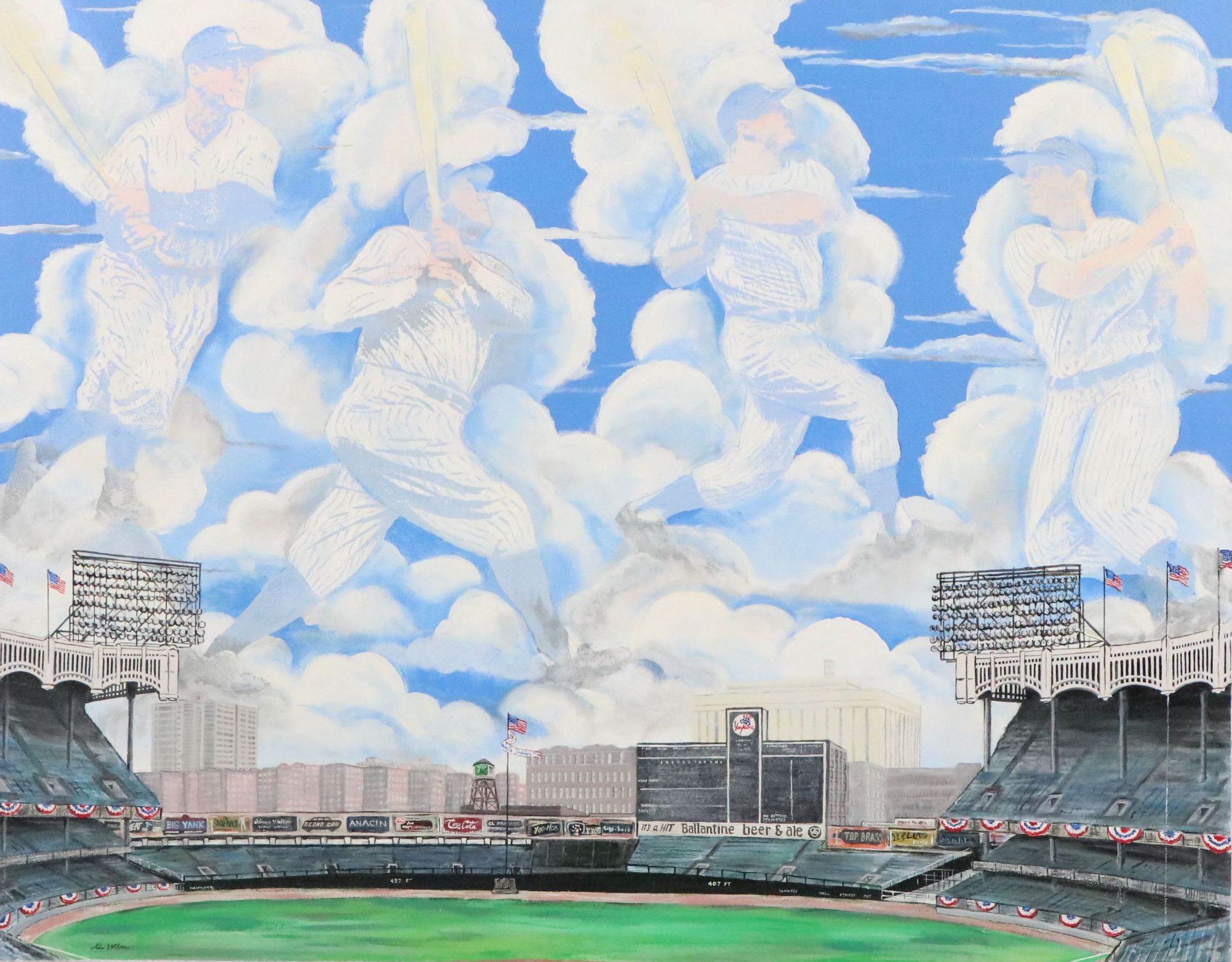 John Wilson Acrylic Painting of Baseball Players Over Yankee Stadium