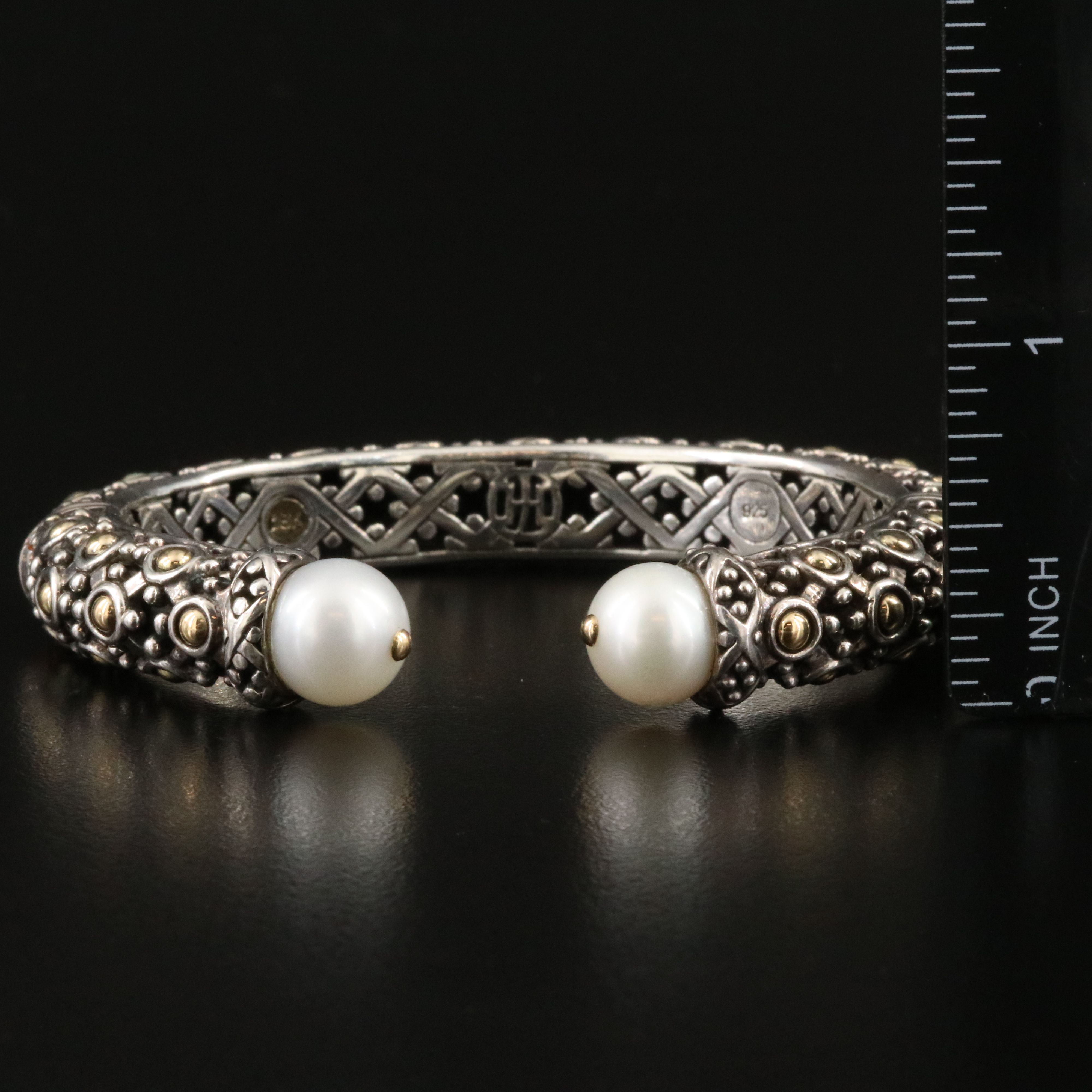 John Hardy Jaisalmer Dot Sterling, 18K and Pearl Hinged Cuff Bracelet