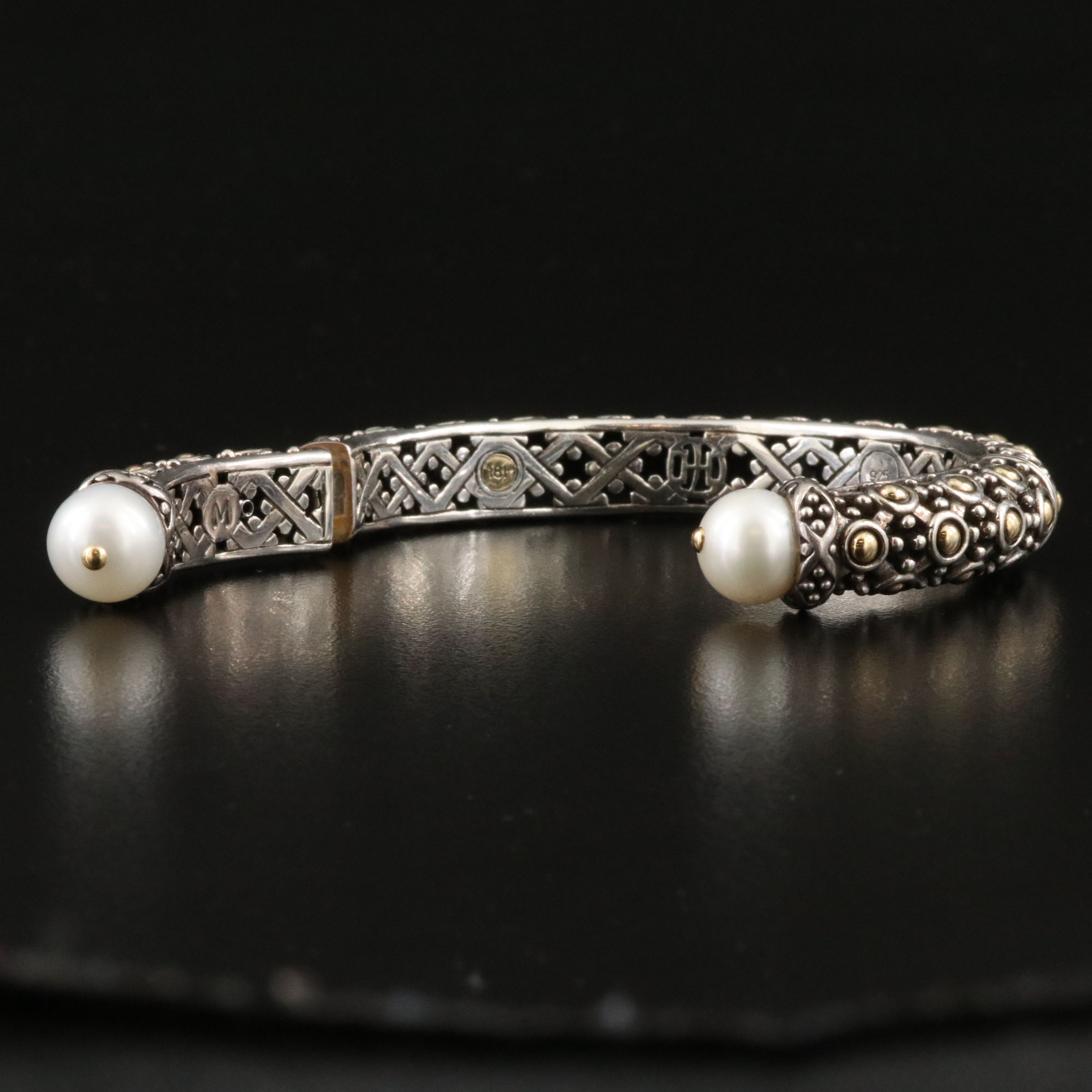 John Hardy Jaisalmer Dot Sterling, 18K and Pearl Hinged Cuff Bracelet