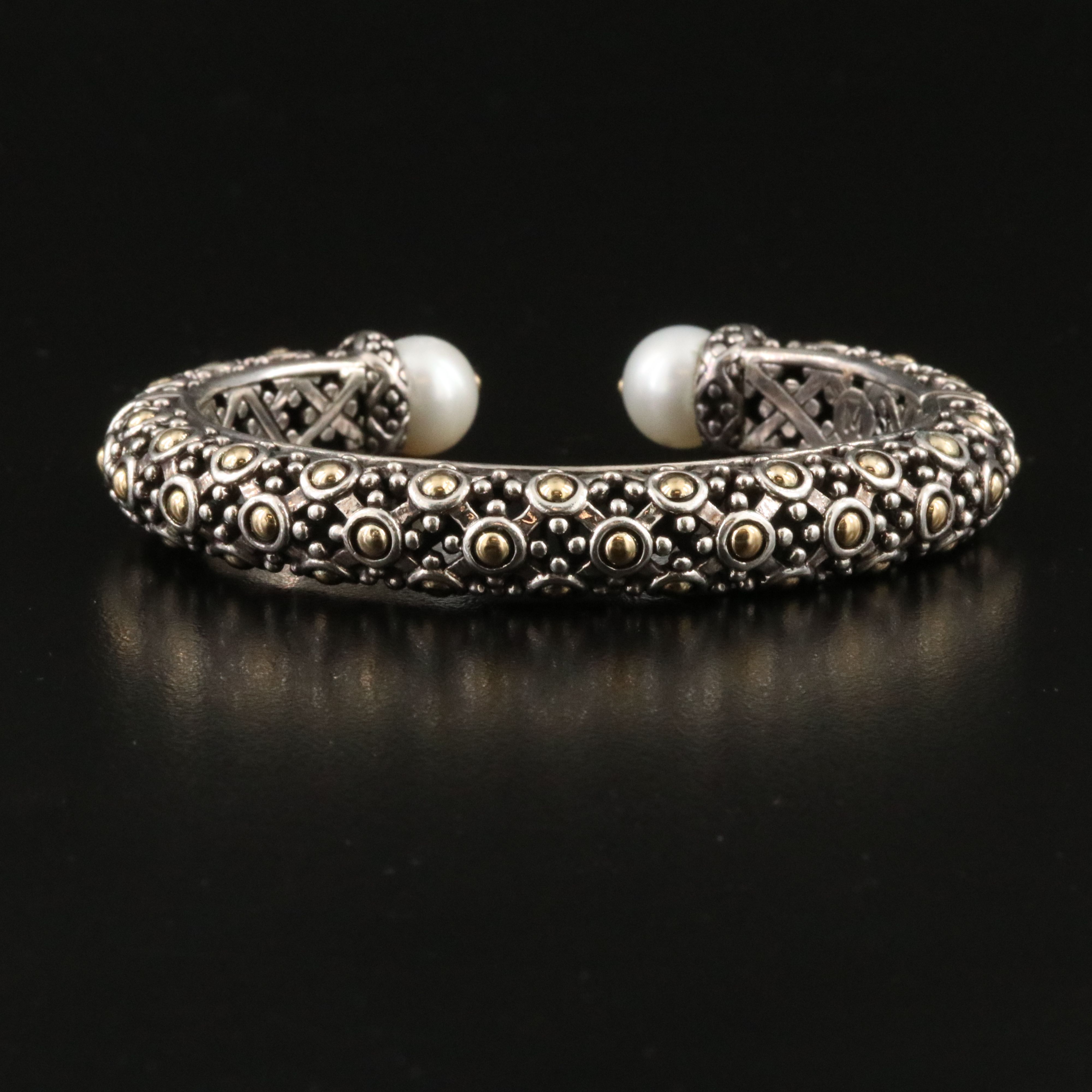 John Hardy Jaisalmer Dot Sterling, 18K and Pearl Hinged Cuff Bracelet