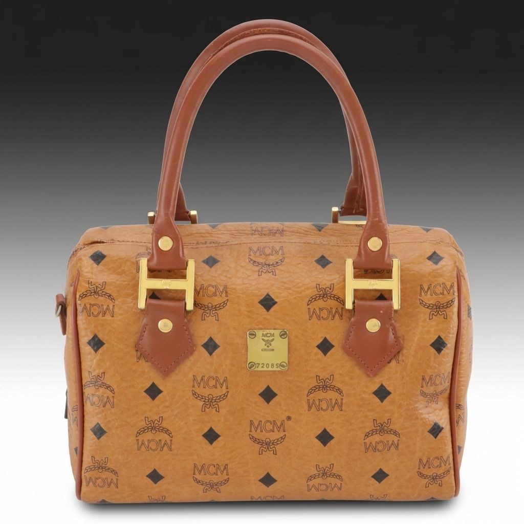 MCM Boston Bag Satchel in Cognac Visetos Canvas with Leather Trim