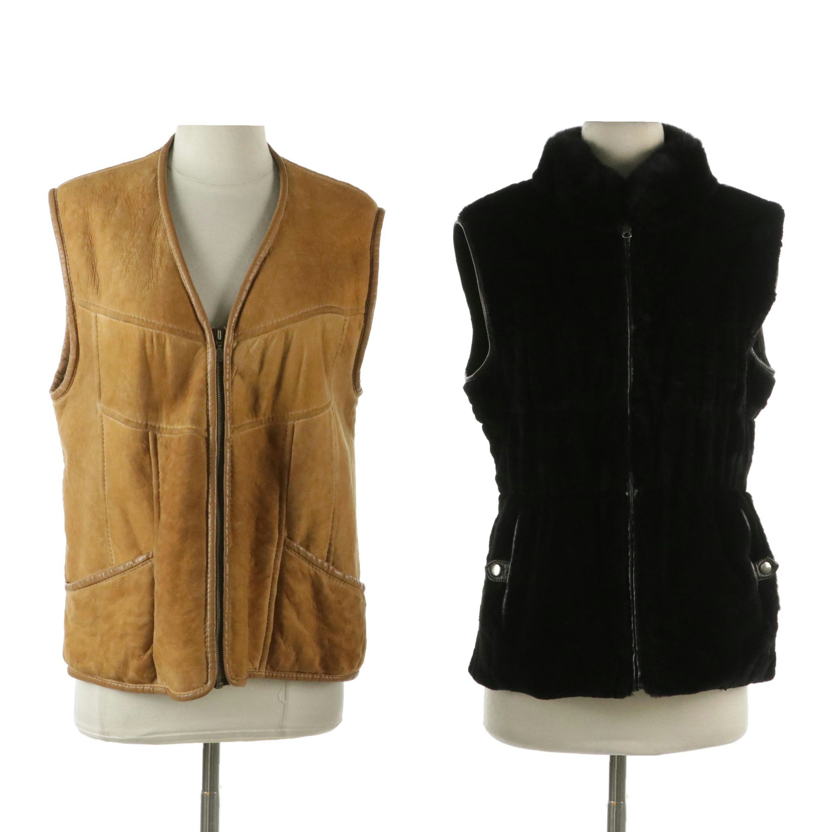 Chosen Sheared Rabbit, Leather and Ribbed Knit Zip Vest with Shearling Zip Vest