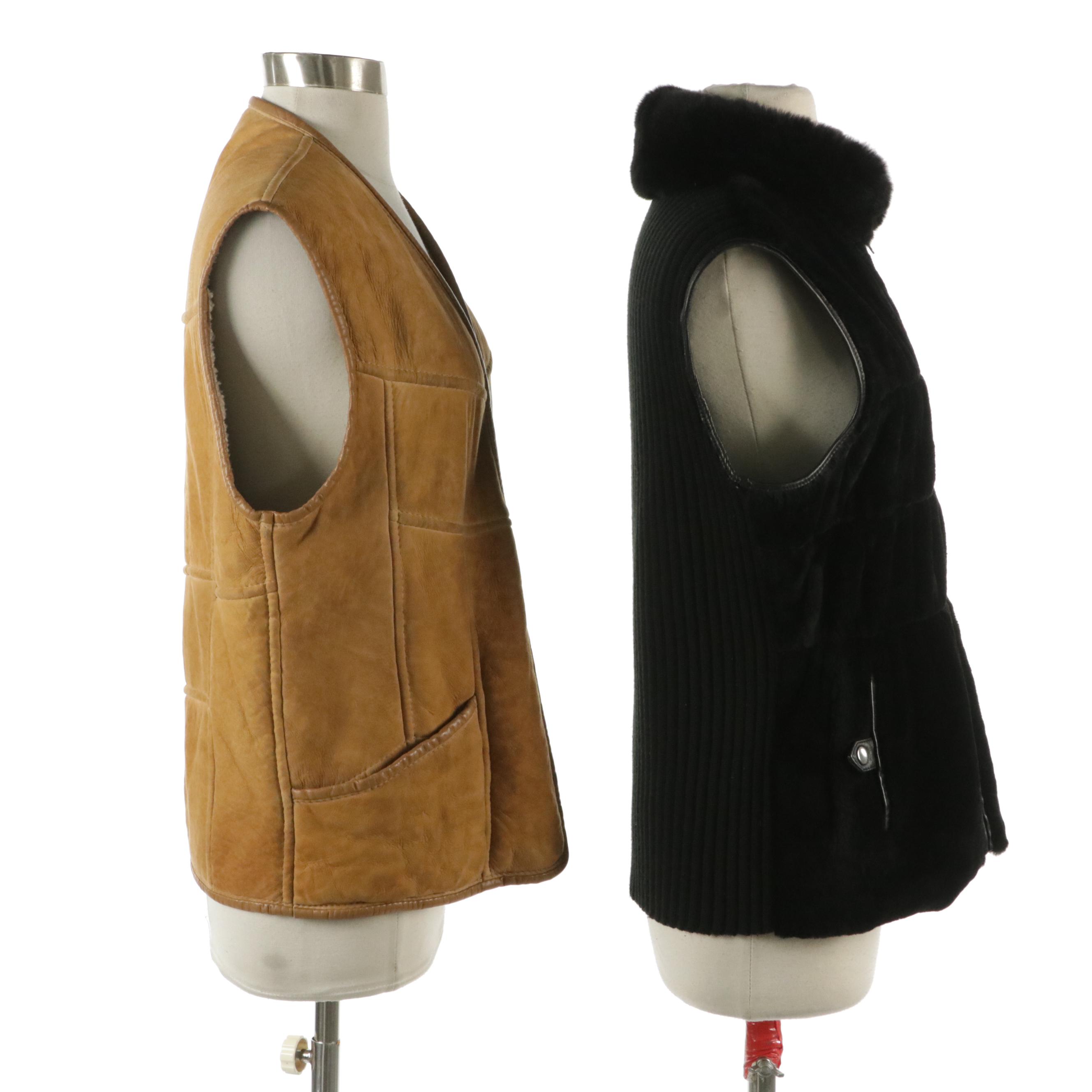 Chosen Sheared Rabbit, Leather and Ribbed Knit Zip Vest with Shearling Zip Vest