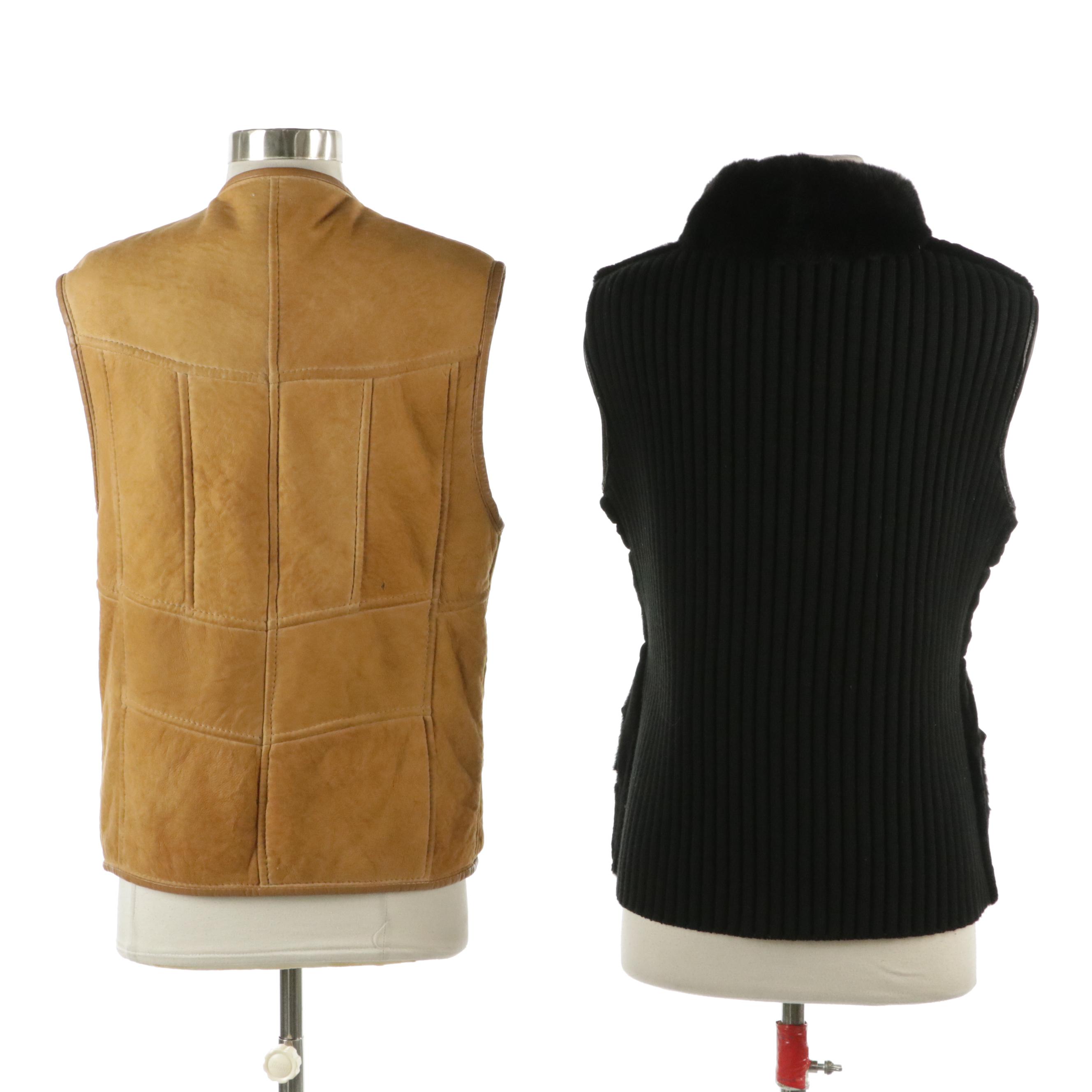 Chosen Sheared Rabbit, Leather and Ribbed Knit Zip Vest with Shearling Zip Vest