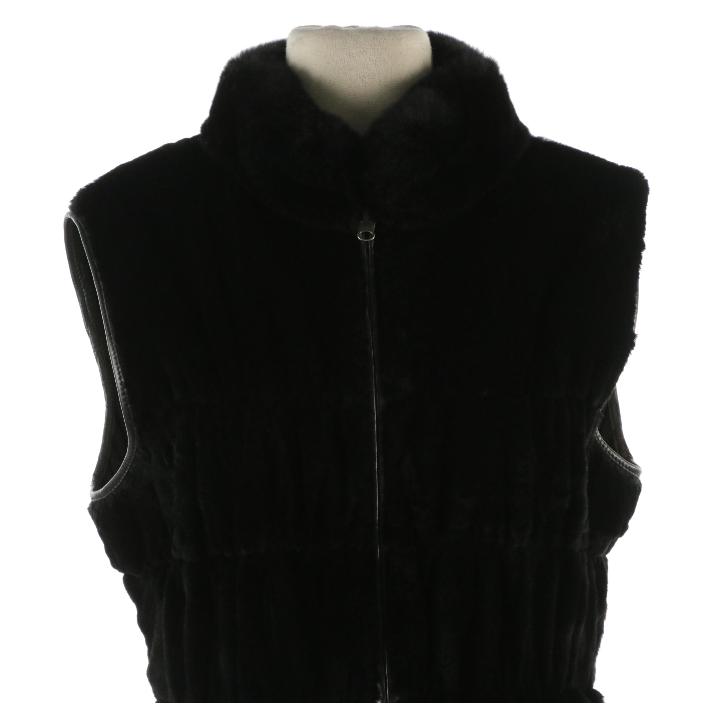 Chosen Sheared Rabbit, Leather and Ribbed Knit Zip Vest with Shearling Zip Vest