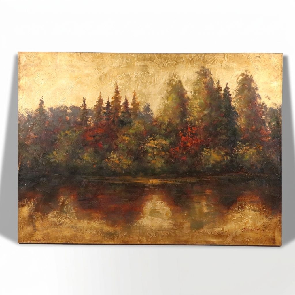 Oil Painting of Autumn Woods and Pond, Late 20th to 21st Century