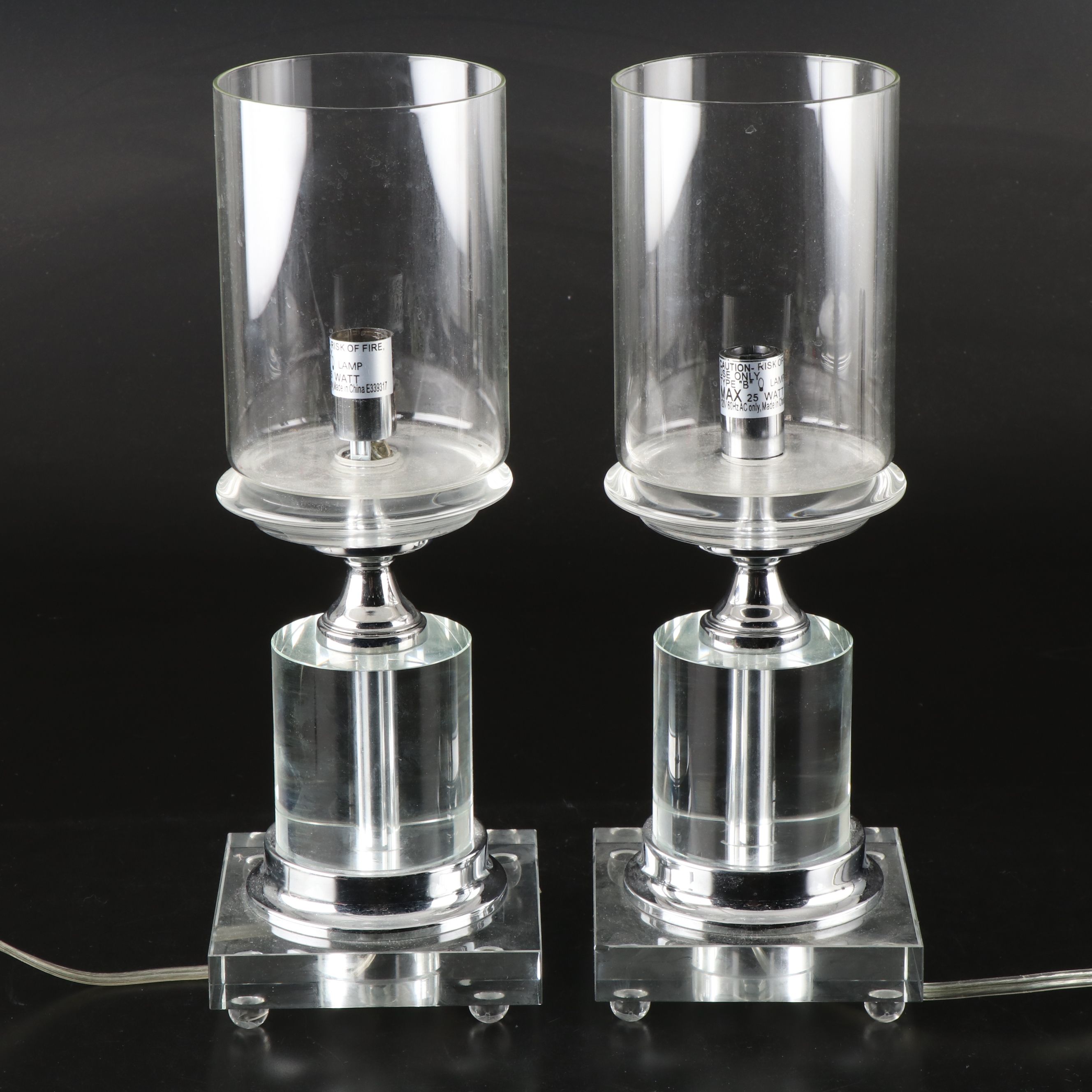 Minimalist Style Acrylic and Glass Hurricane Accent Lamps Pair