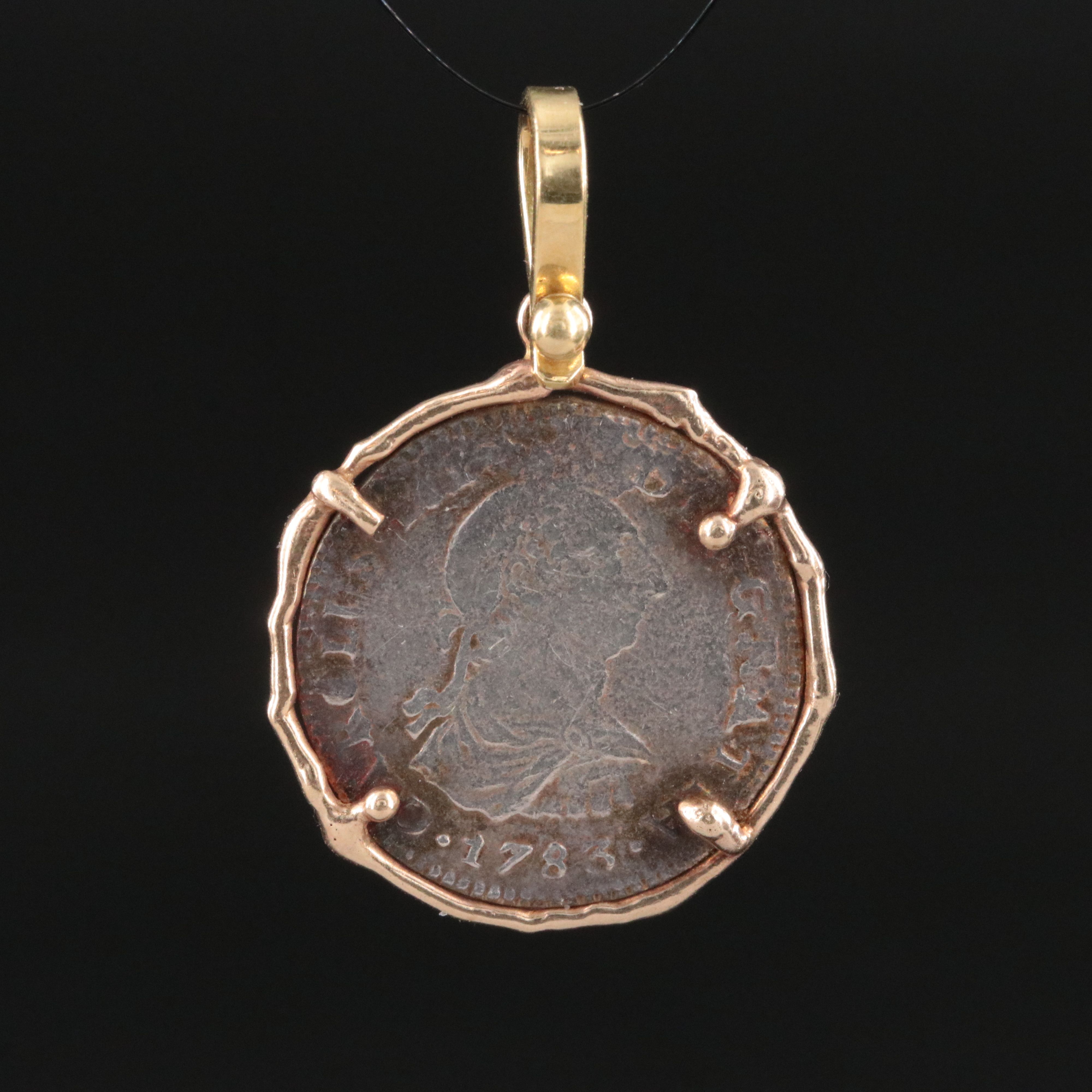 14K Pendant with 1783 Mexico 1-Real Silver Coin of Charles III