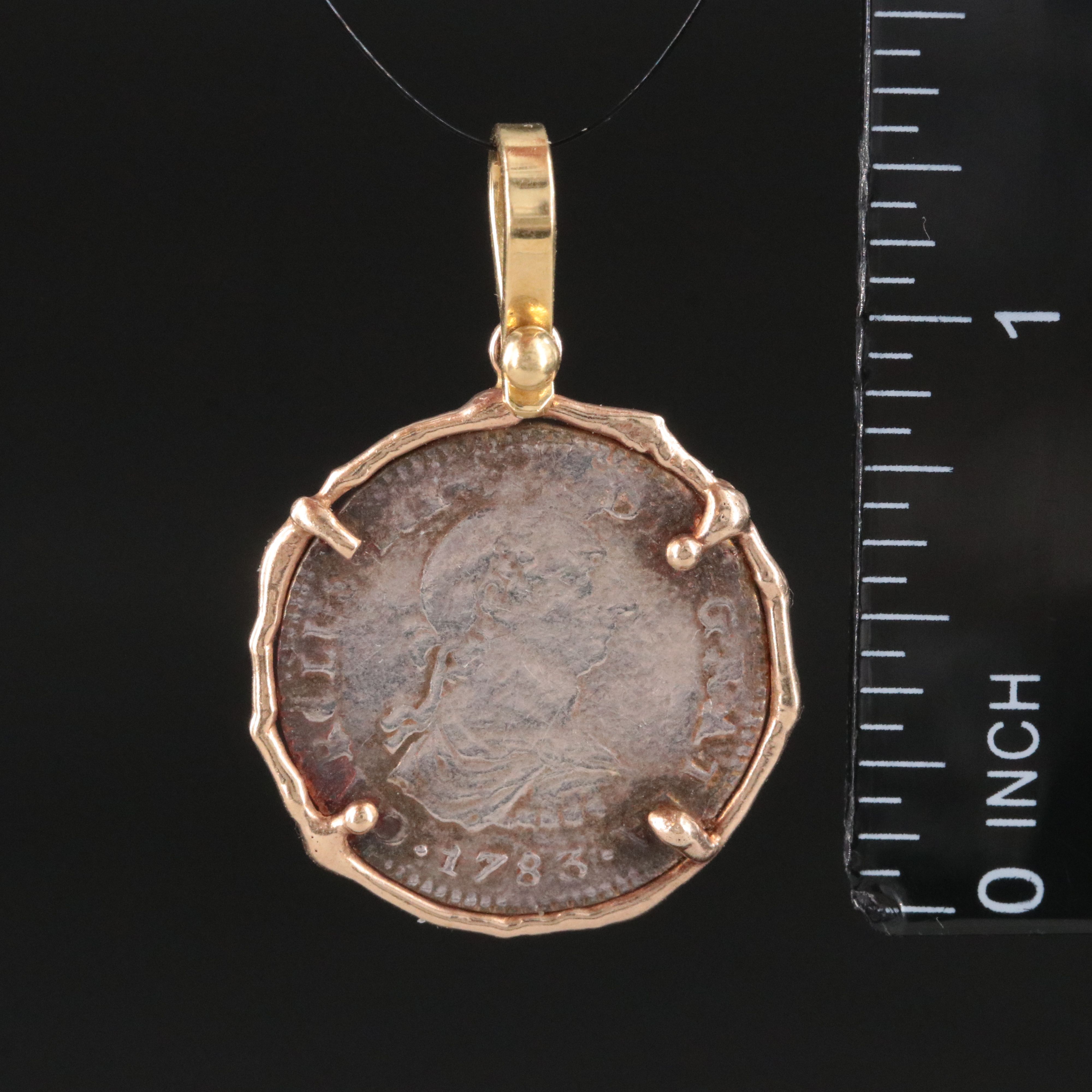 14K Pendant with 1783 Mexico 1-Real Silver Coin of Charles III