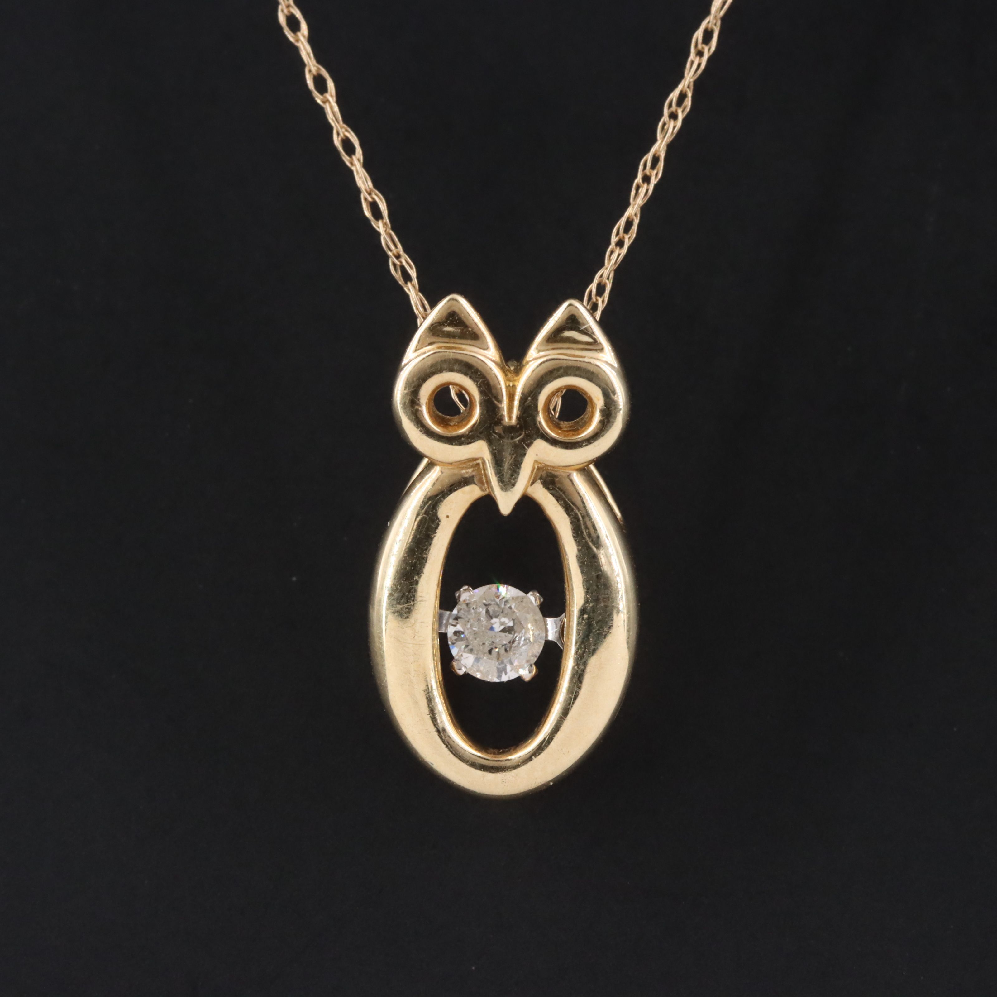 14K Articulated 0.09 CT Diamond Owl Pendant Necklace