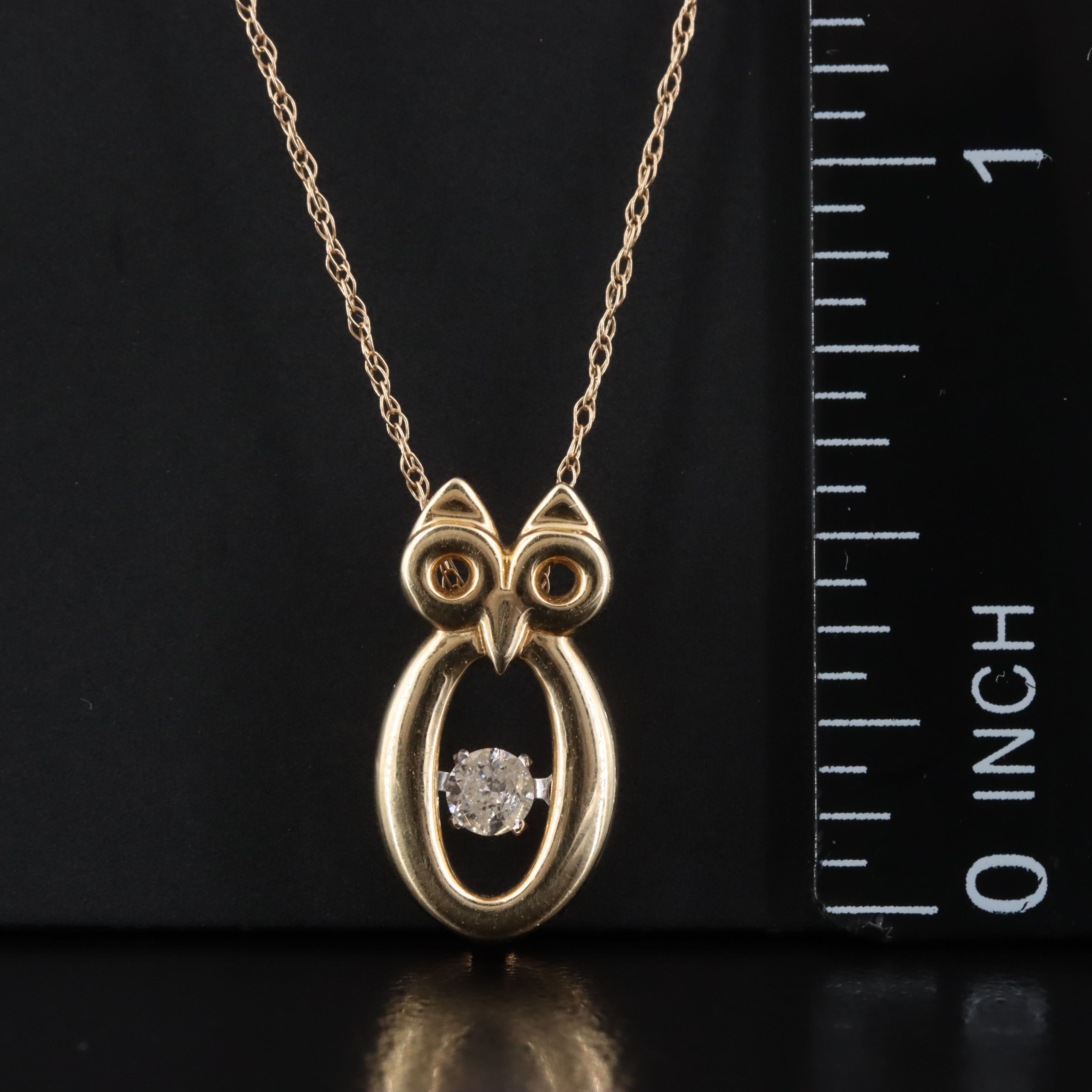 14K Articulated 0.09 CT Diamond Owl Pendant Necklace