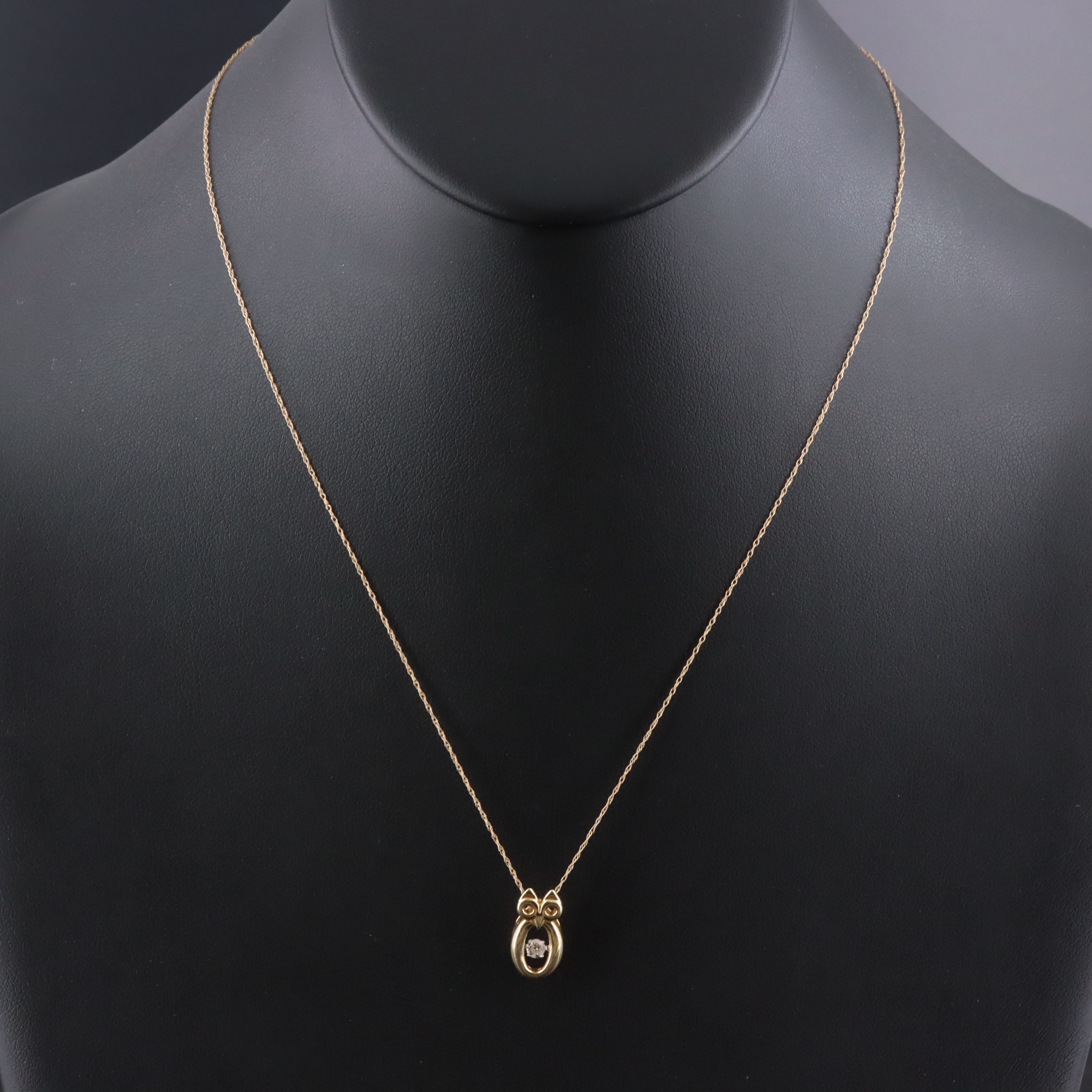 14K Articulated 0.09 CT Diamond Owl Pendant Necklace