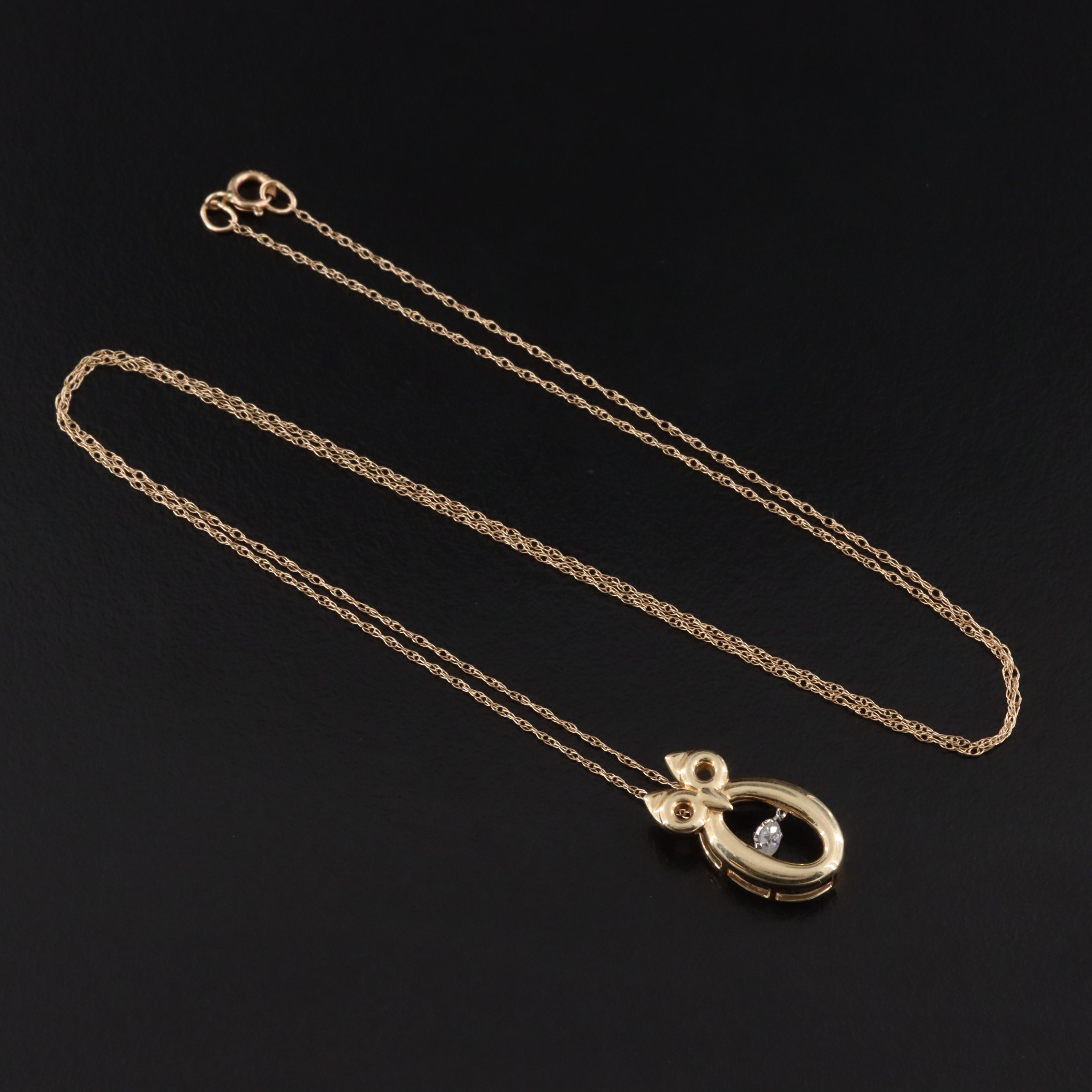 14K Articulated 0.09 CT Diamond Owl Pendant Necklace