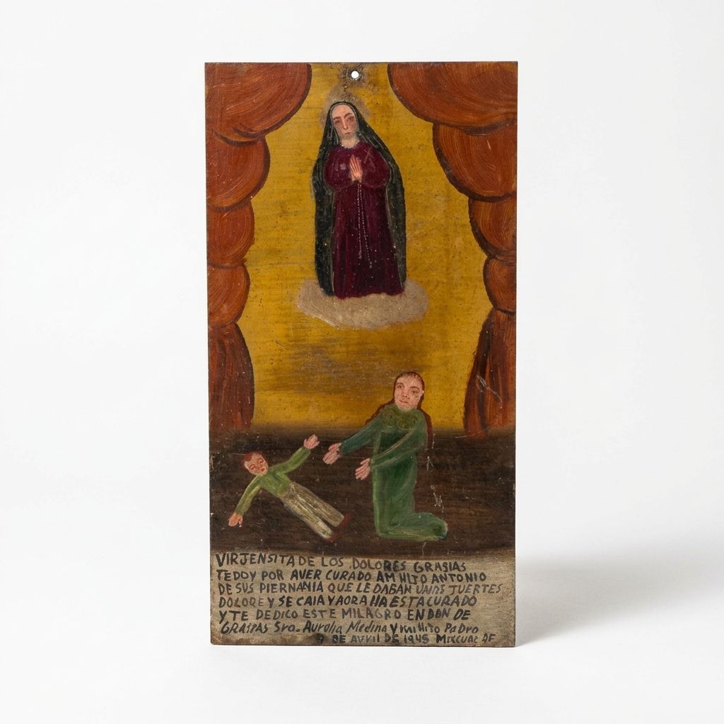 Mexican Metal Ex-Voto Retablo Painting With Verse, 1945