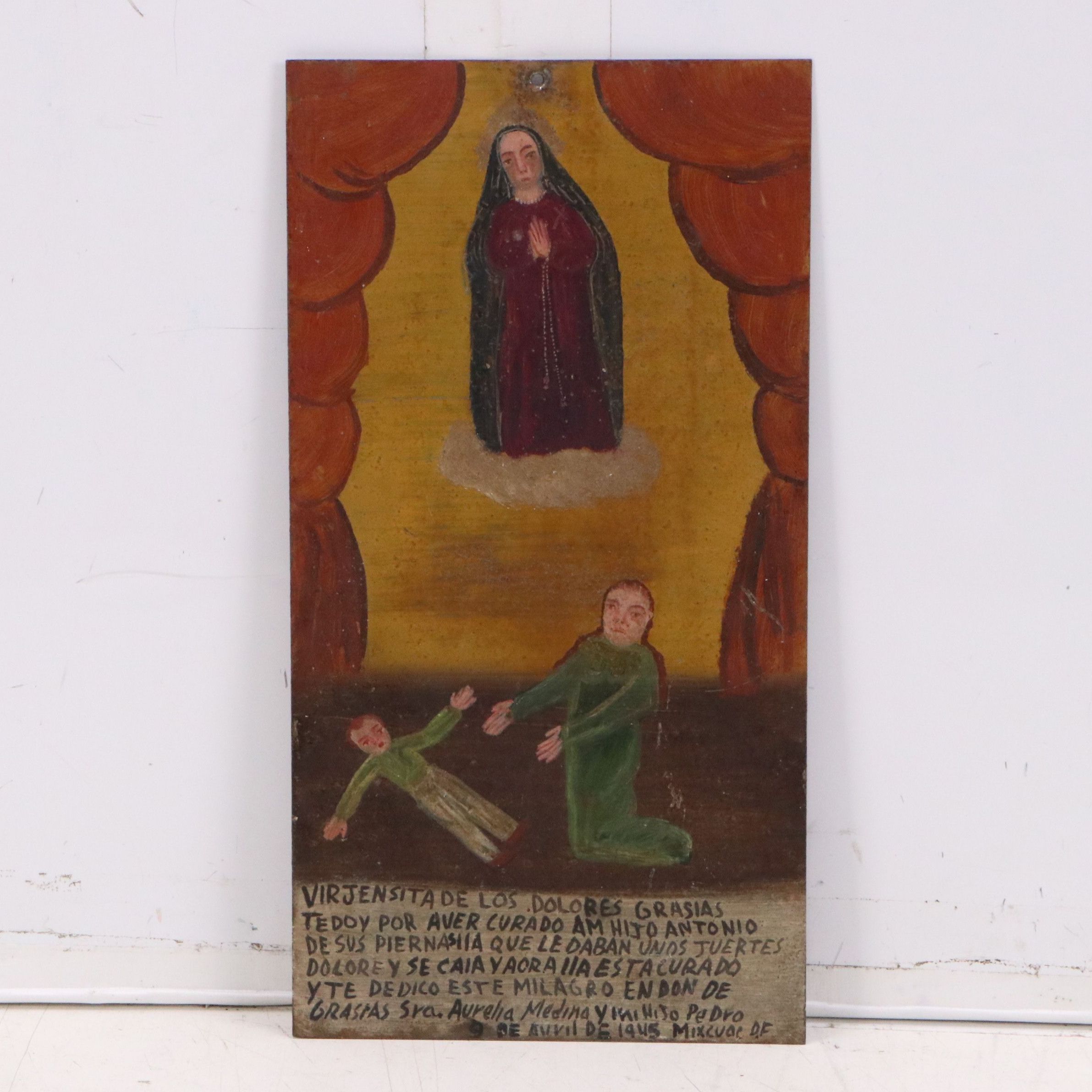 Mexican Metal Ex-Voto Retablo Painting With Verse, 1945