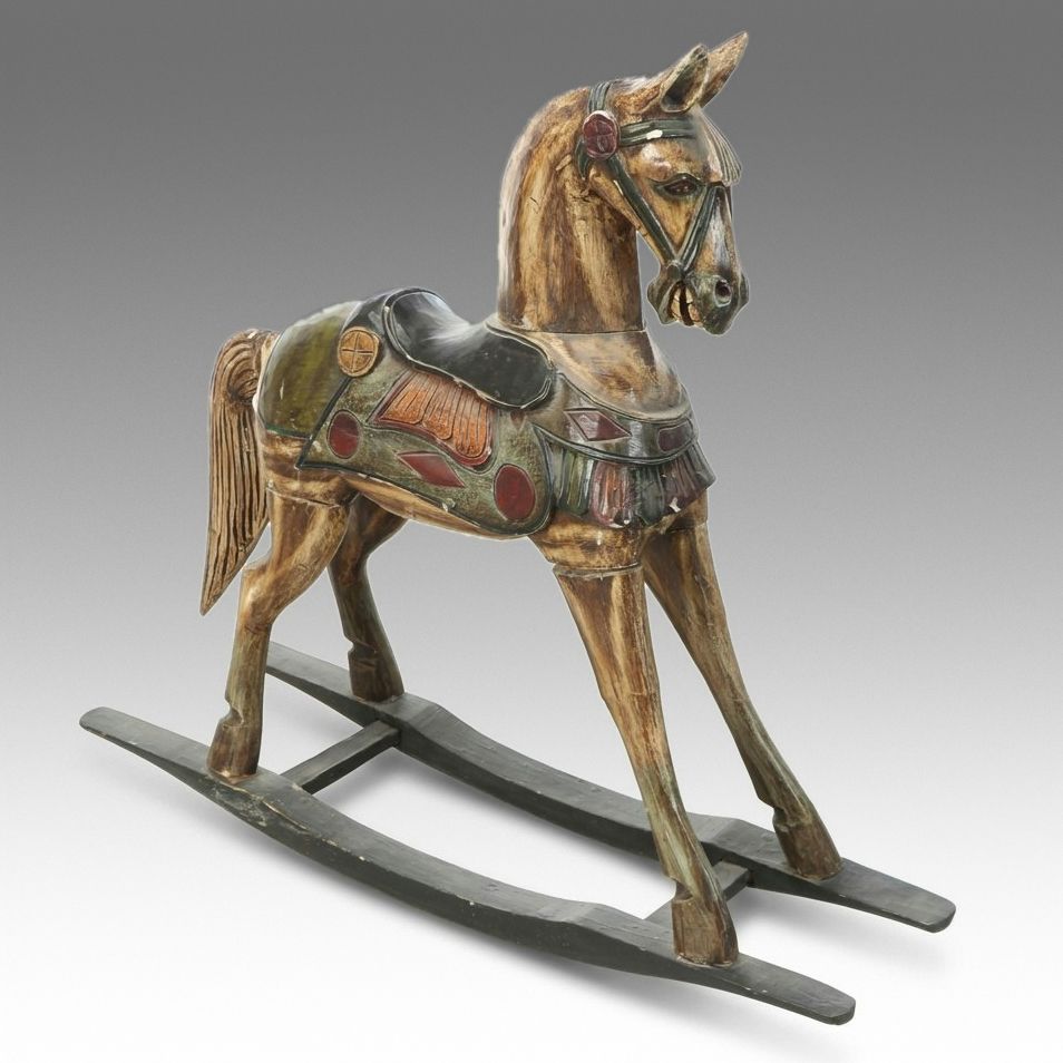 Antiqued Polychrome Wooden Rocking Horse