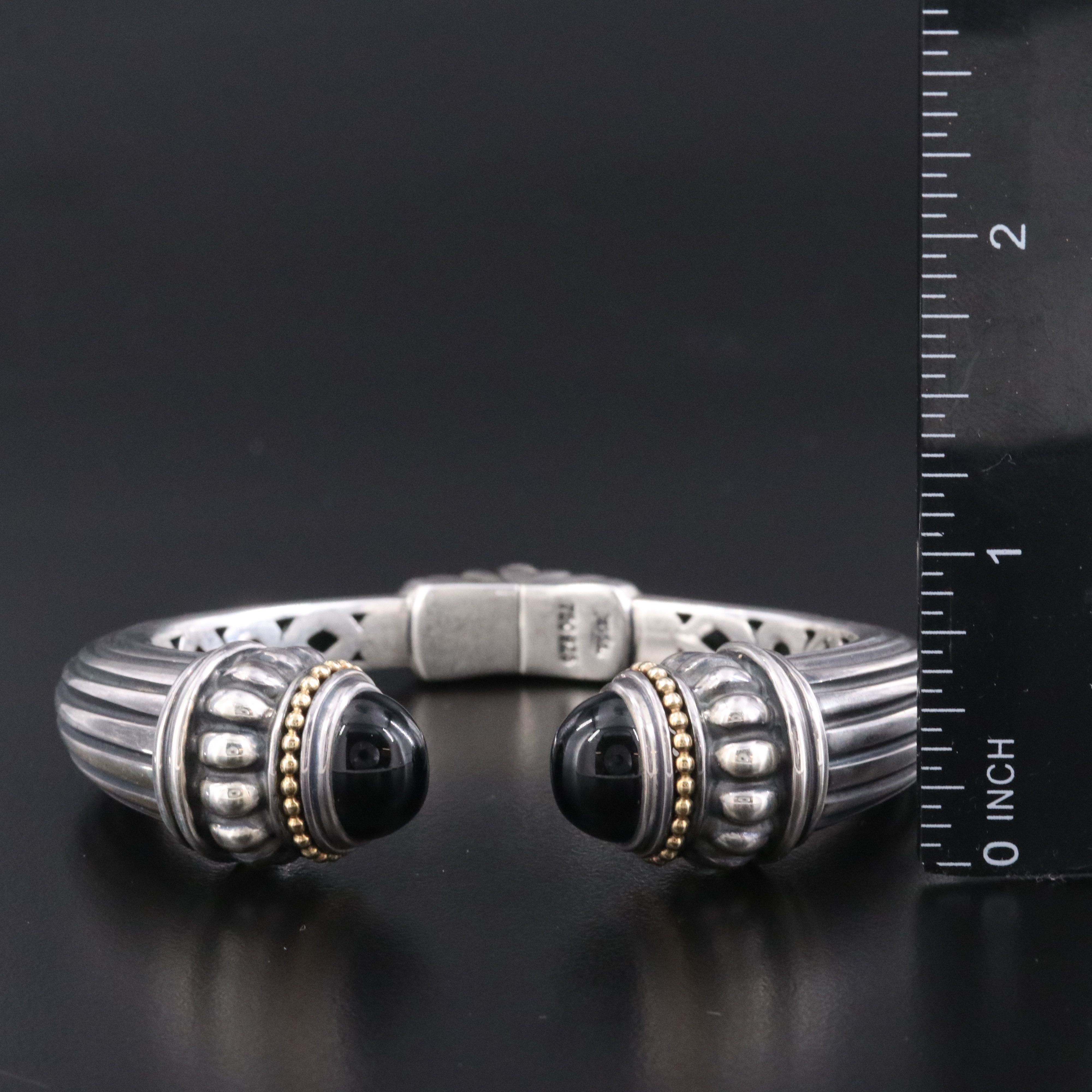 Caviar Sterling Black Onyx Fluted Hinged Cuff Bracelet with 18K Accents