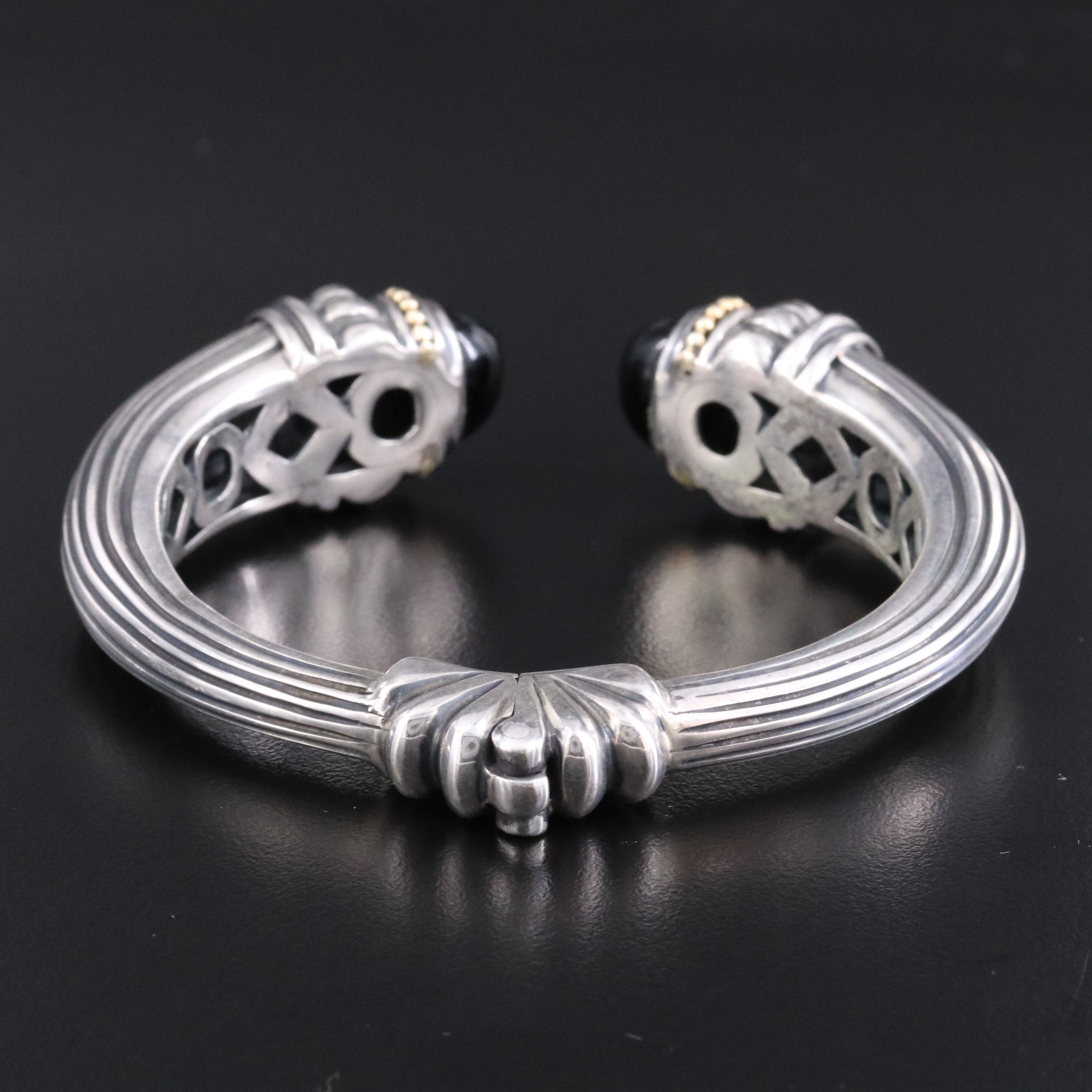Caviar Sterling Black Onyx Fluted Hinged Cuff Bracelet with 18K Accents