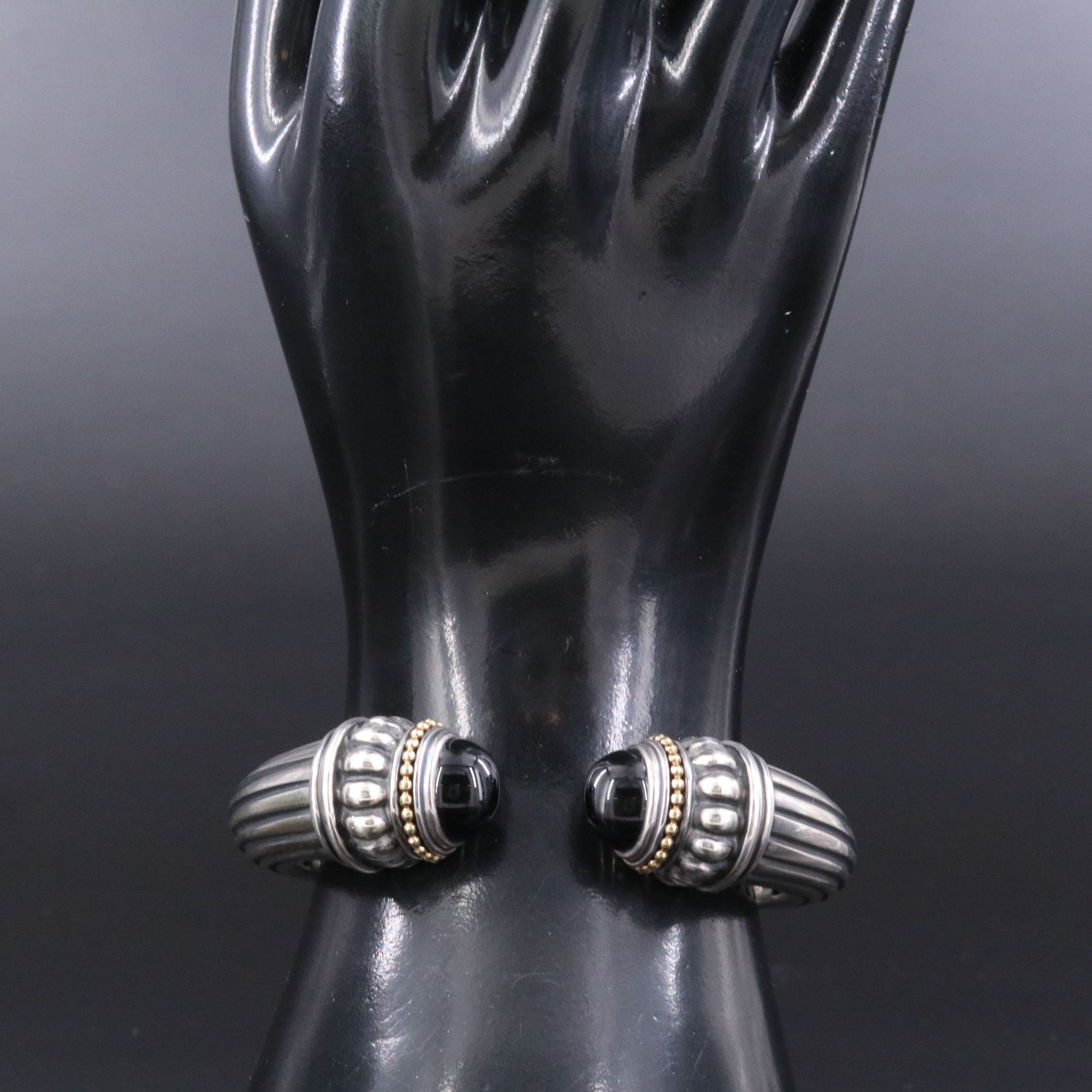 Caviar Sterling Black Onyx Fluted Hinged Cuff Bracelet with 18K Accents