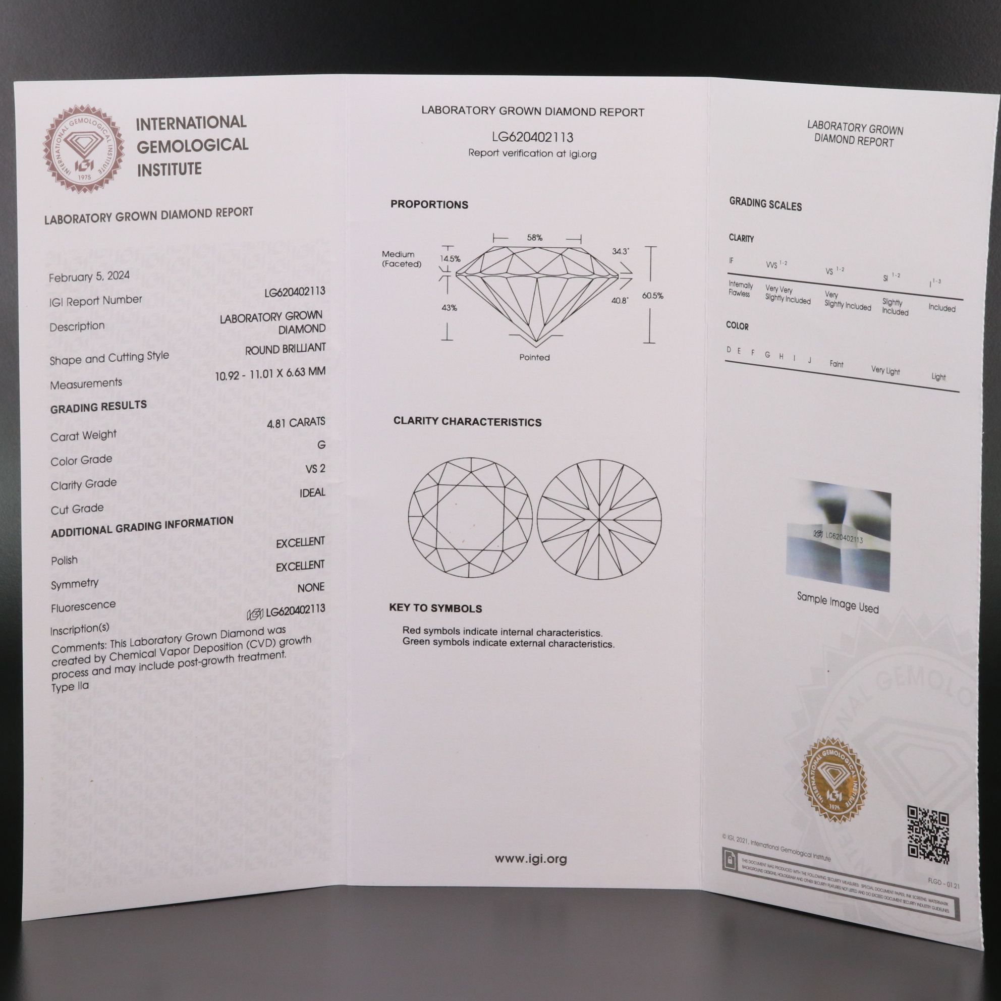 Loose 4.81 CT Lab Grown Diamond with IGI Report