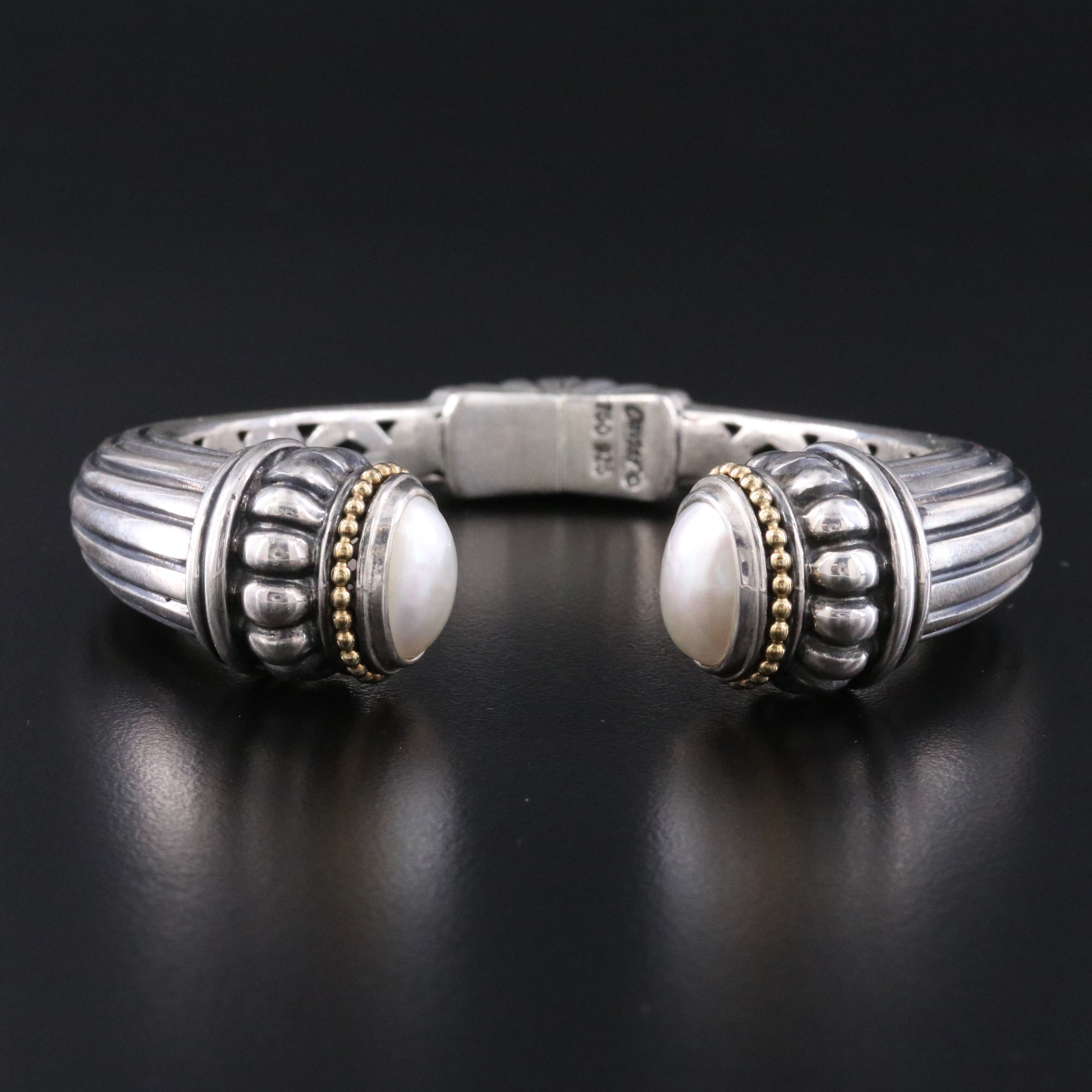 Caviar Sterling and Pearl Fluted Hinged Cuff Bracelet with 18K Accents