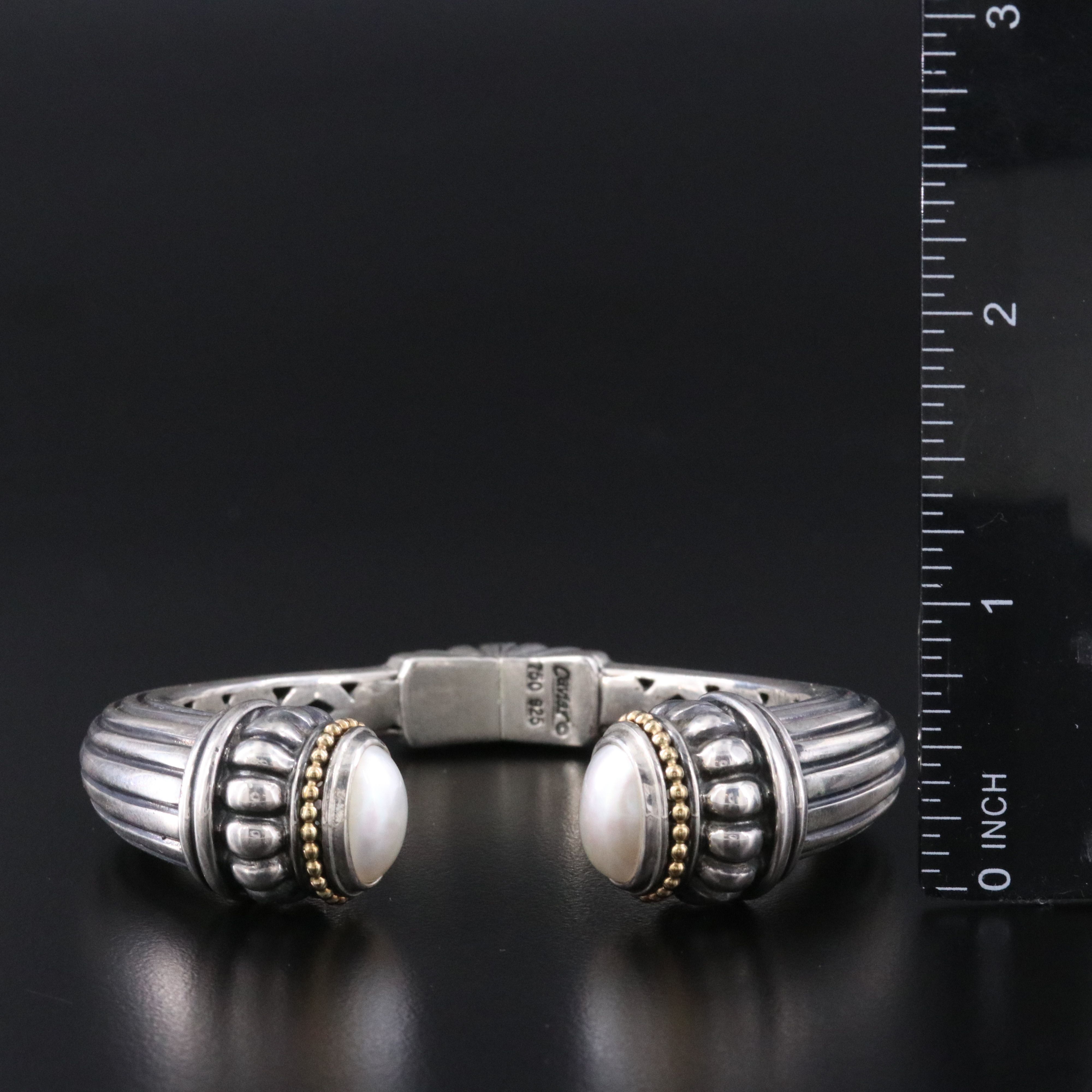 Caviar Sterling and Pearl Fluted Hinged Cuff Bracelet with 18K Accents