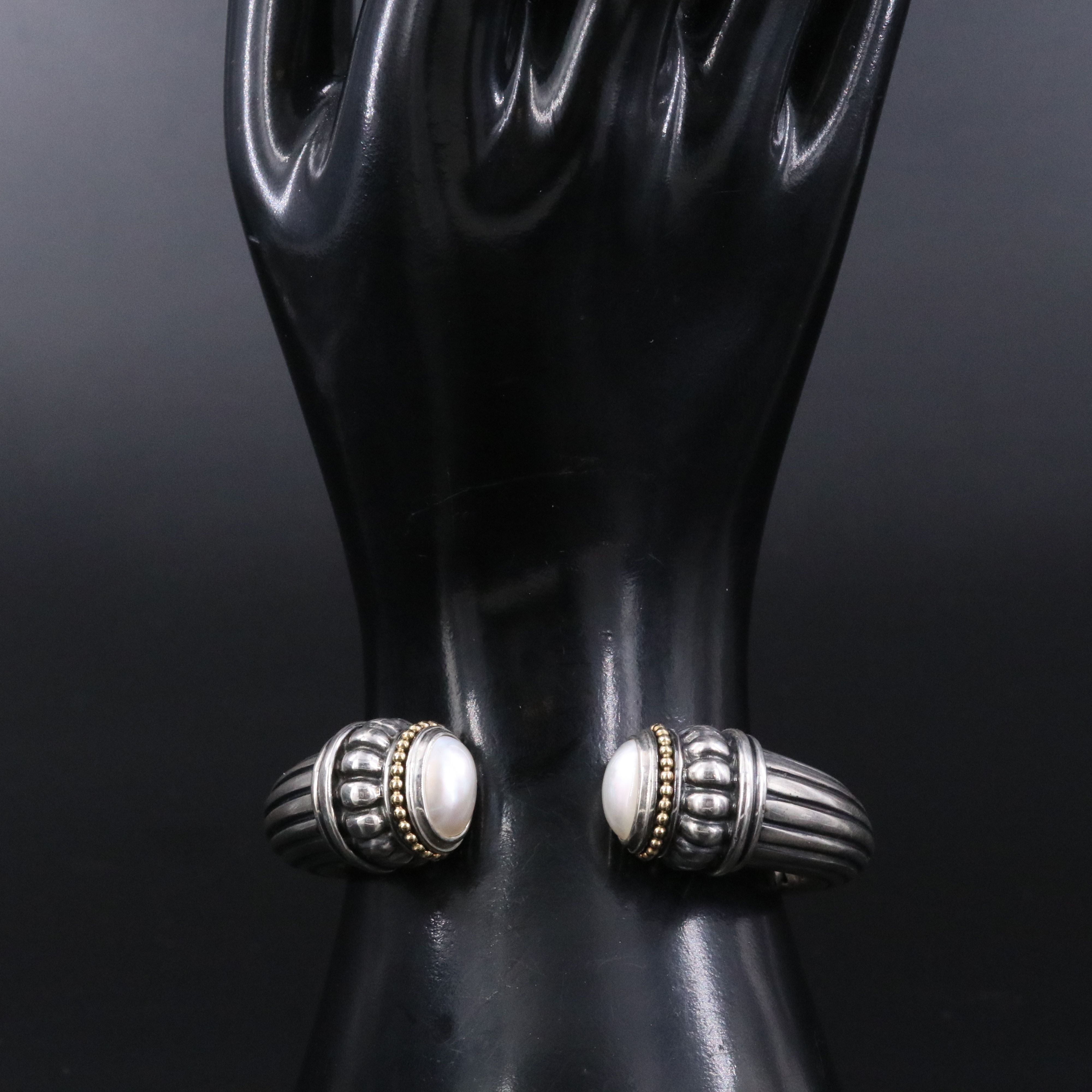 Caviar Sterling and Pearl Fluted Hinged Cuff Bracelet with 18K Accents