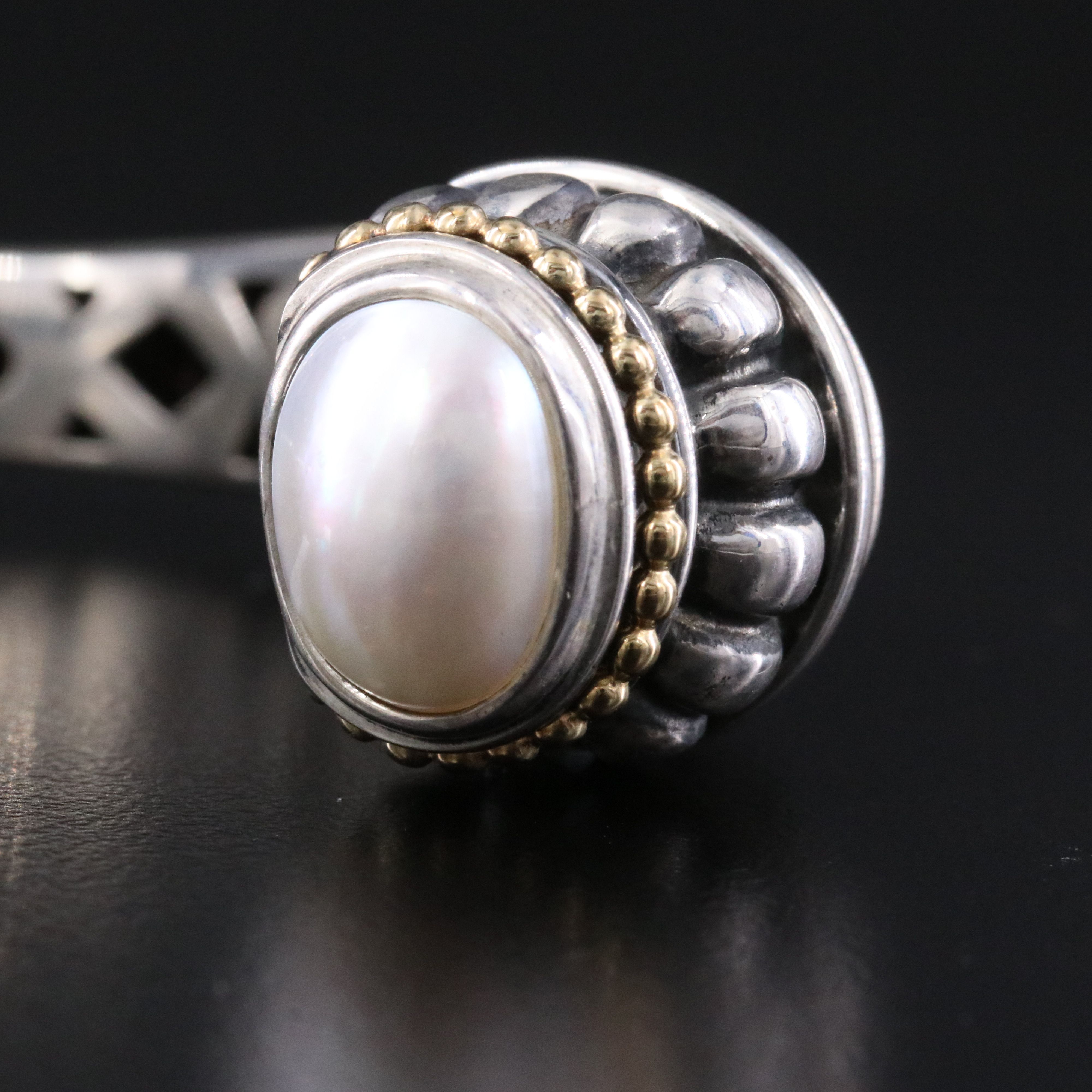 Caviar Sterling and Pearl Fluted Hinged Cuff Bracelet with 18K Accents