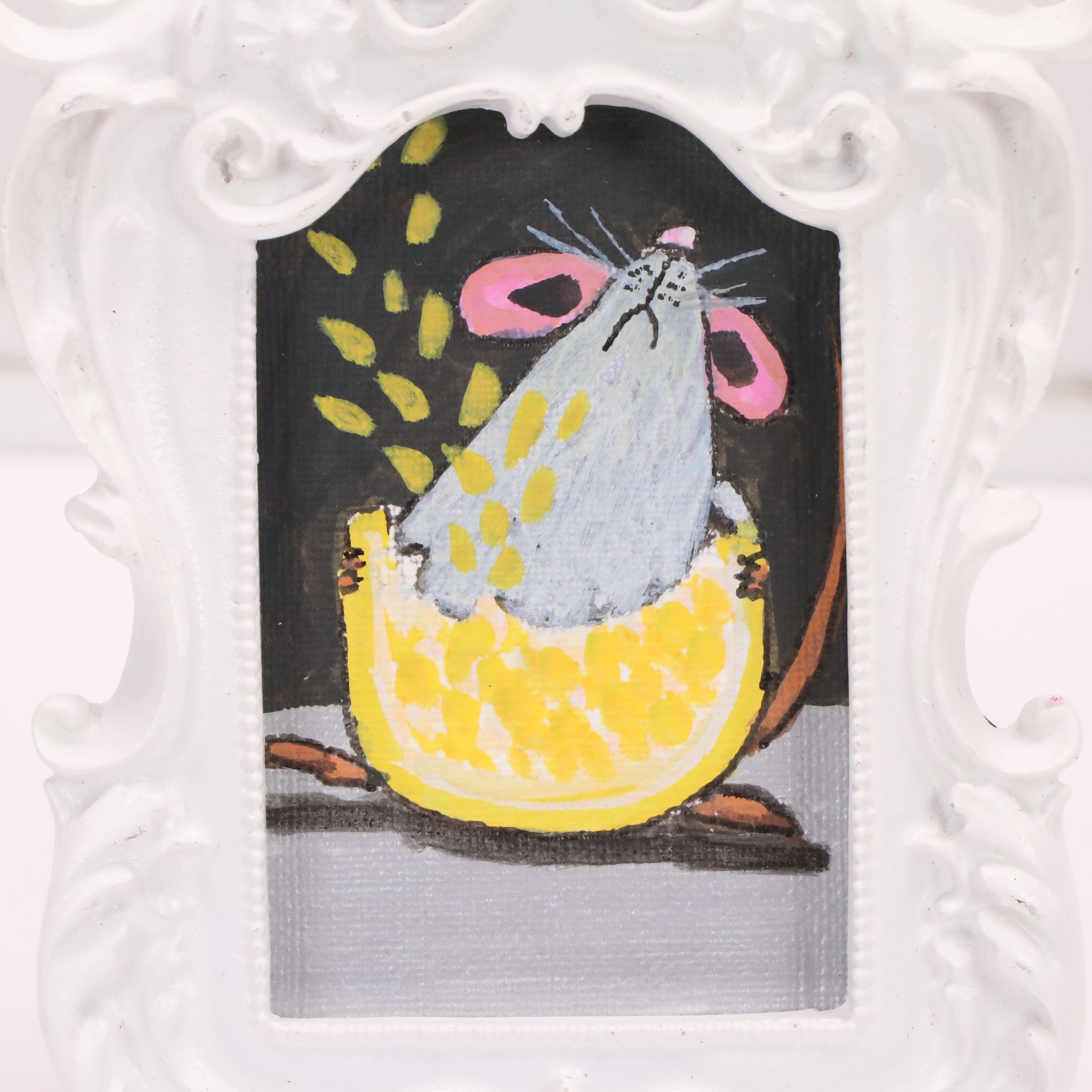 Nina Smit Miniature Acrylic Painting of Mouse Biting Lemon