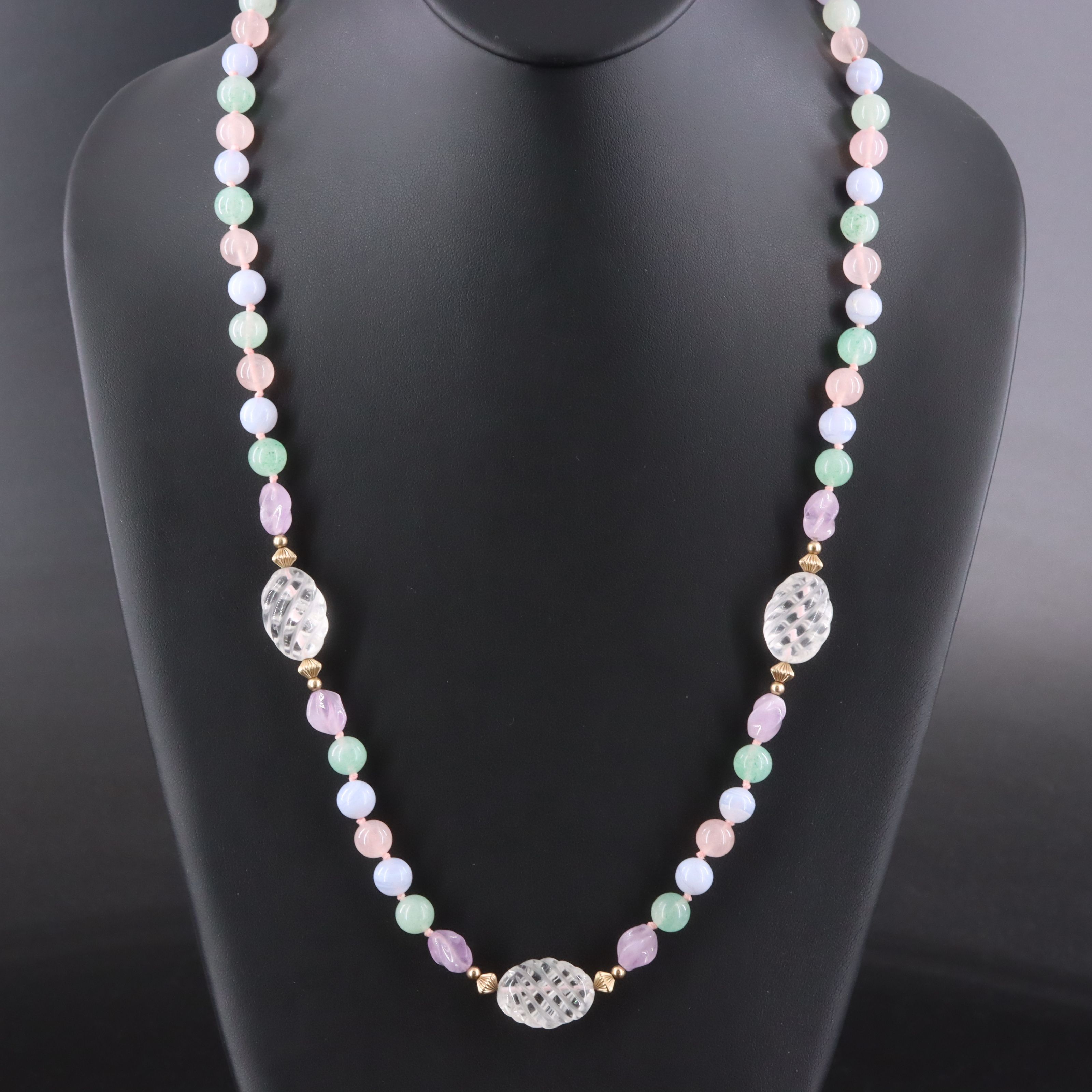 Gemstone Gold-Filled Station Necklace Including Lace Agate and Aventurine