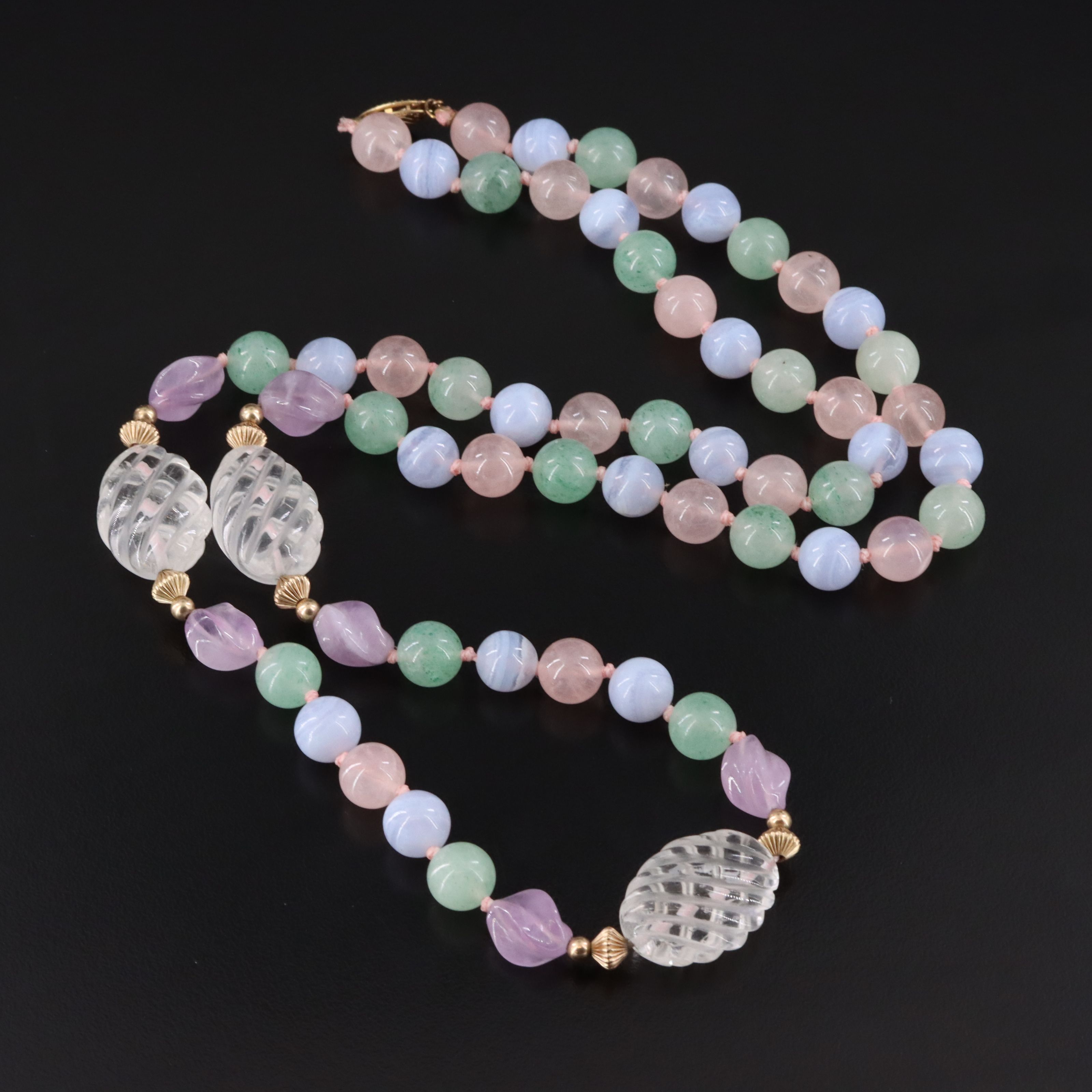 Gemstone Gold-Filled Station Necklace Including Lace Agate and Aventurine
