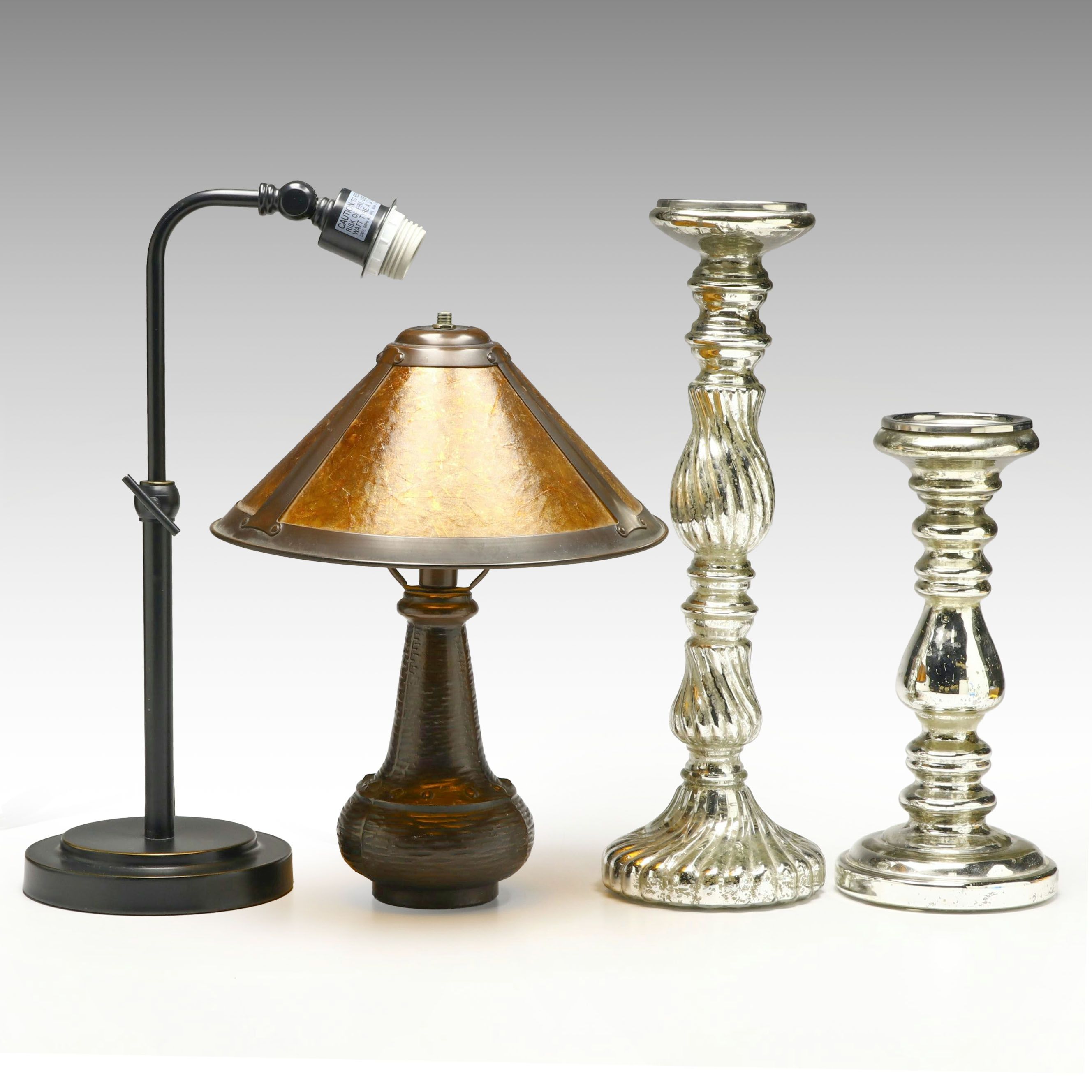 Arts & Crafts Style Accent Lamp with Mica Shade, Mercury Glass Candle Holders