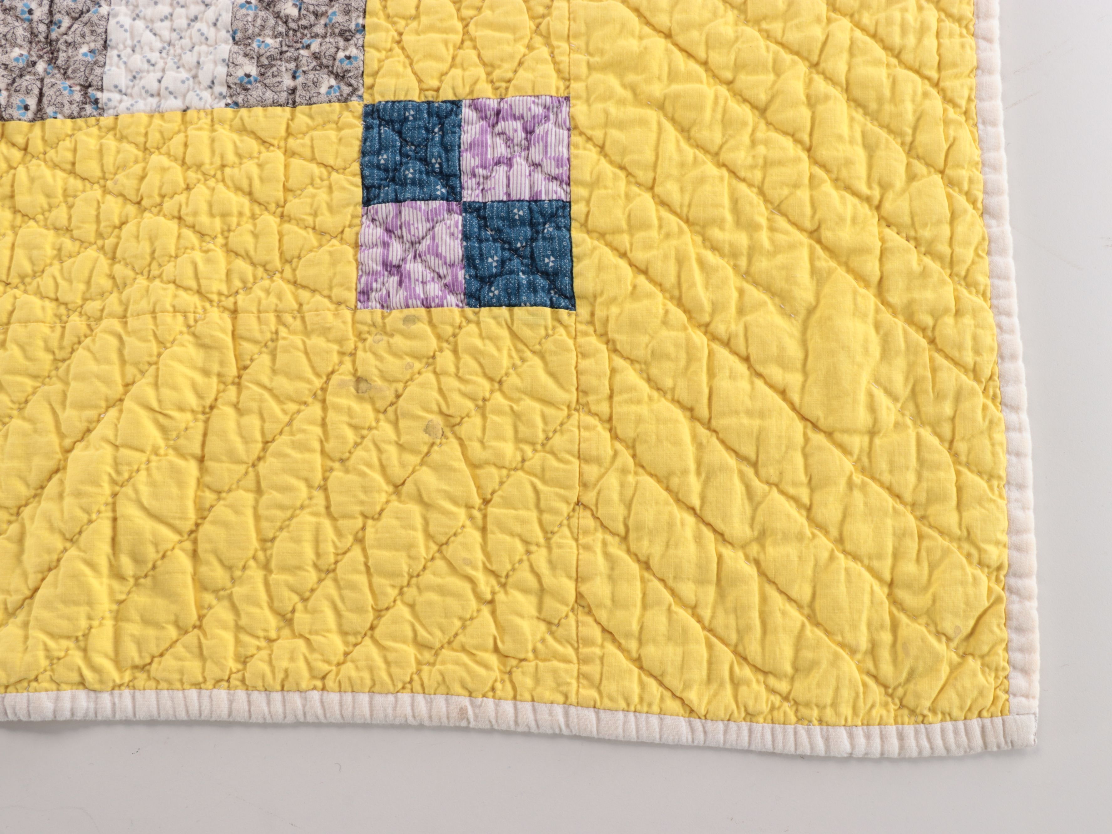 Handcrafted "Nine-Patch" Yellow Cotton Quilt