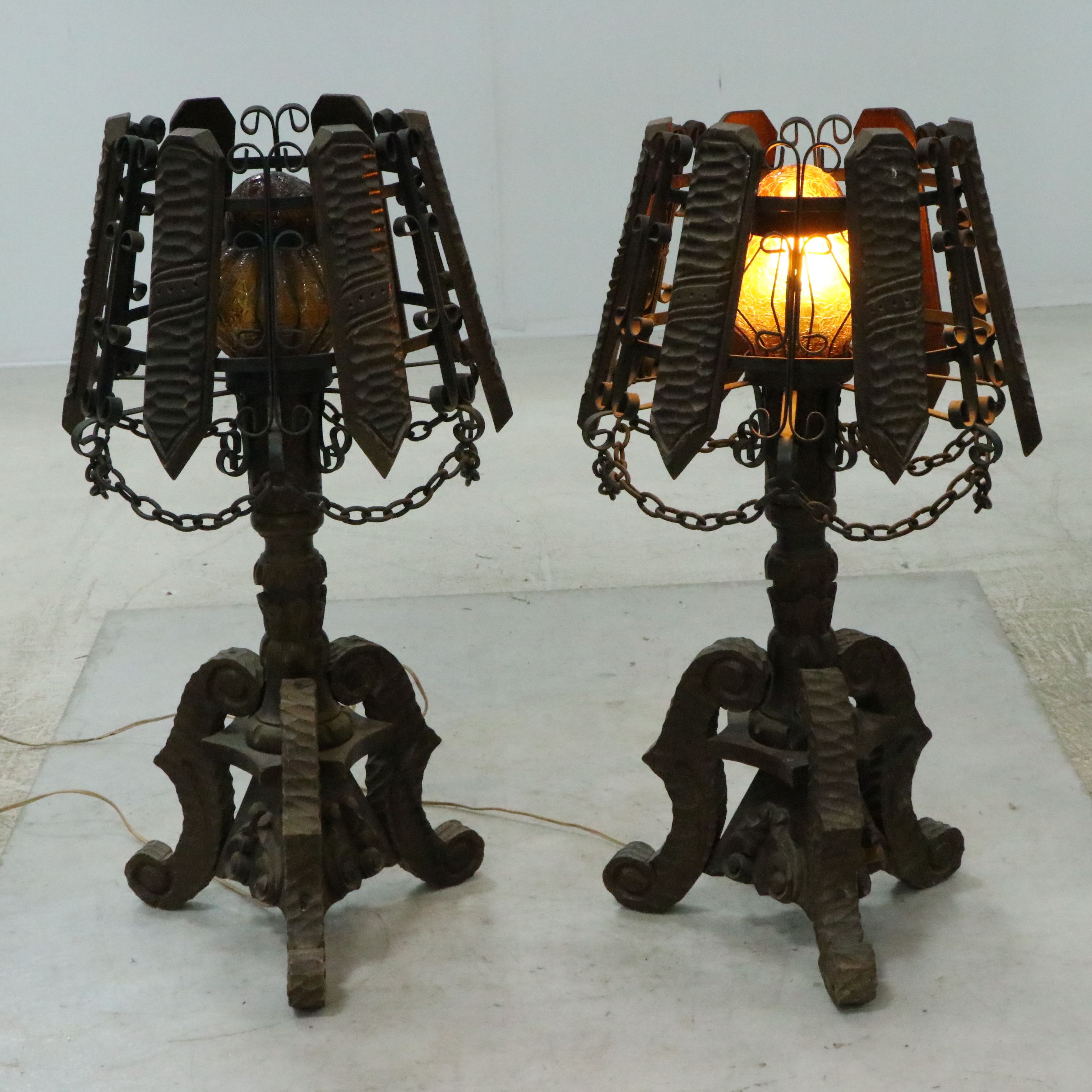 Spanish Revival Style Wrought Iron and Wood Table Lamps with Amber Glass Shades
